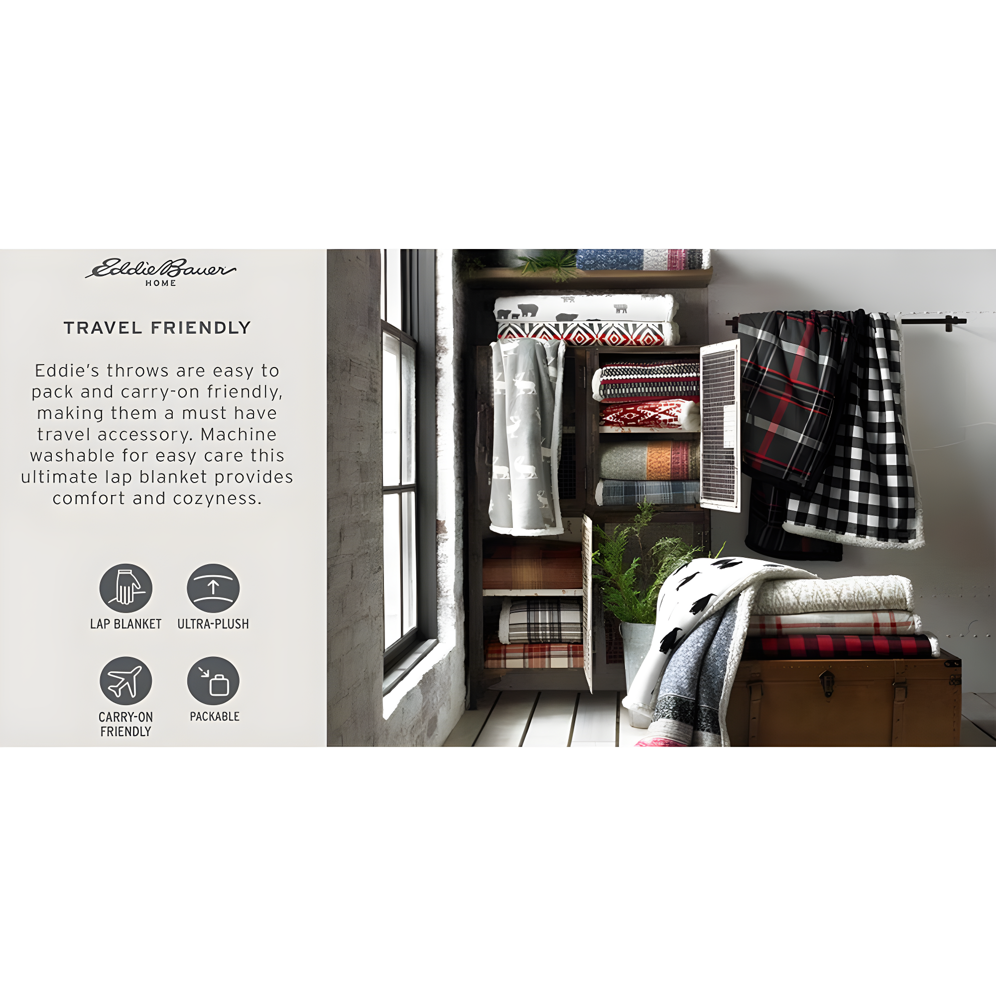 Eddie Bauer Printed Flannel/Sherpa Throw Blankets