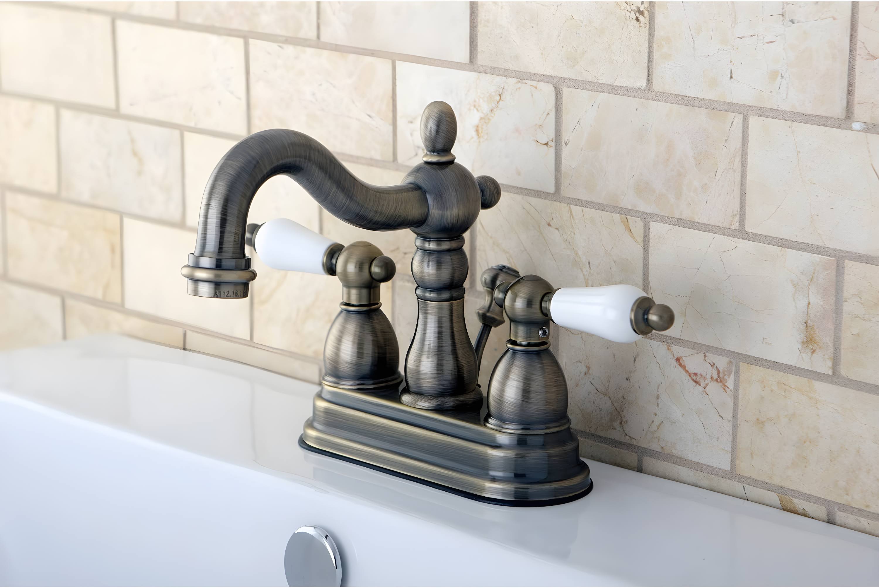 Kingston Brass Heritage Two-Handle 3-Hole Deck Mount 4" Centerset Bathroom Faucet with Plastic Pop-Up