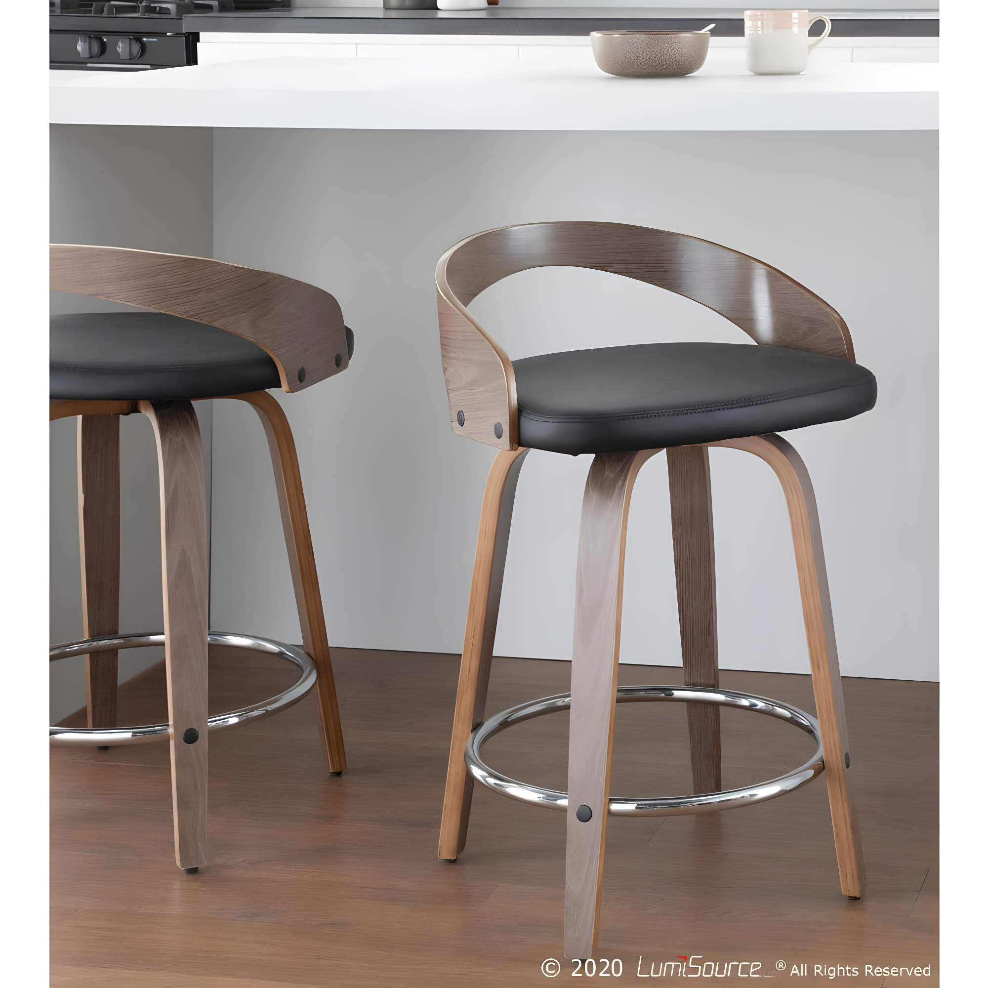 Grotto Mid-Century Modern Counter Stool with Light Grey Wood and Black Faux Leather by LumiSource - Set of 2