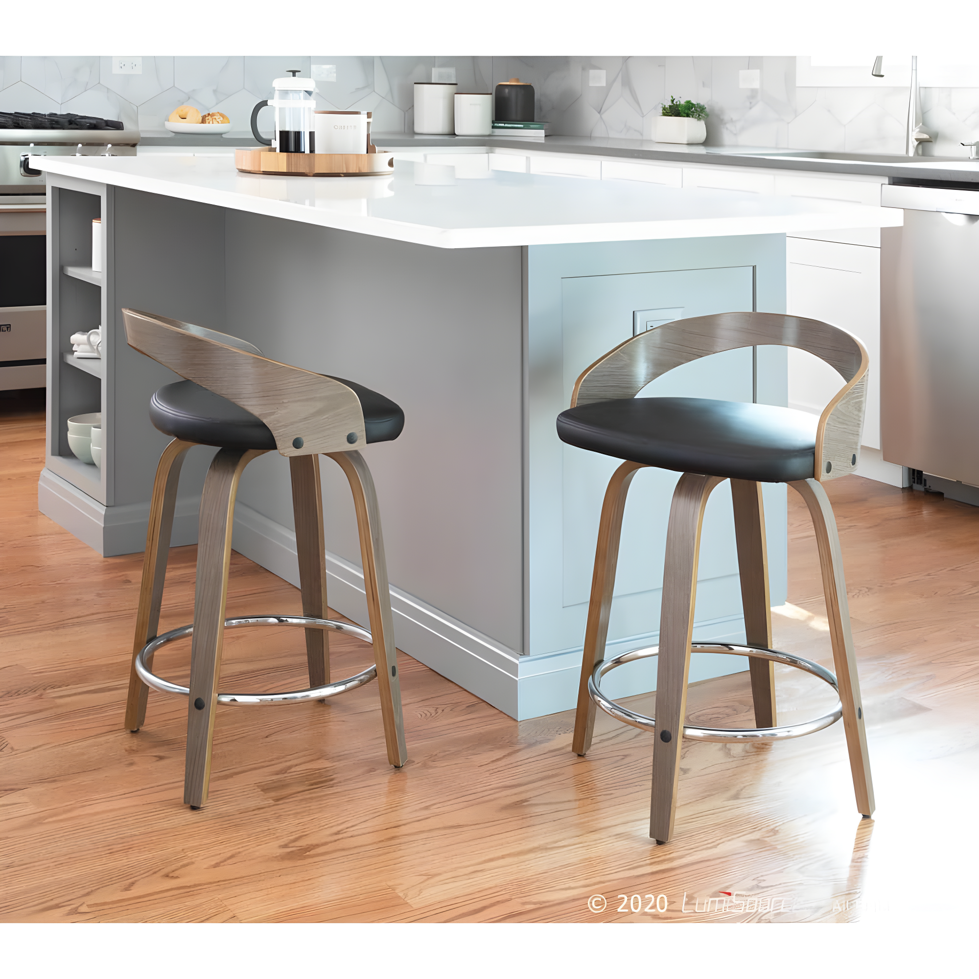 Grotto Mid-Century Modern Counter Stool with Light Grey Wood and Black Faux Leather by LumiSource - Set of 2