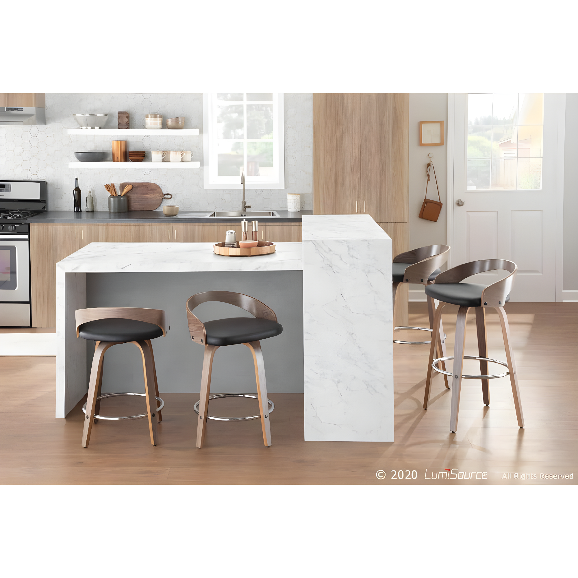 Grotto Mid-Century Modern Counter Stool with Light Grey Wood and Black Faux Leather by LumiSource - Set of 2