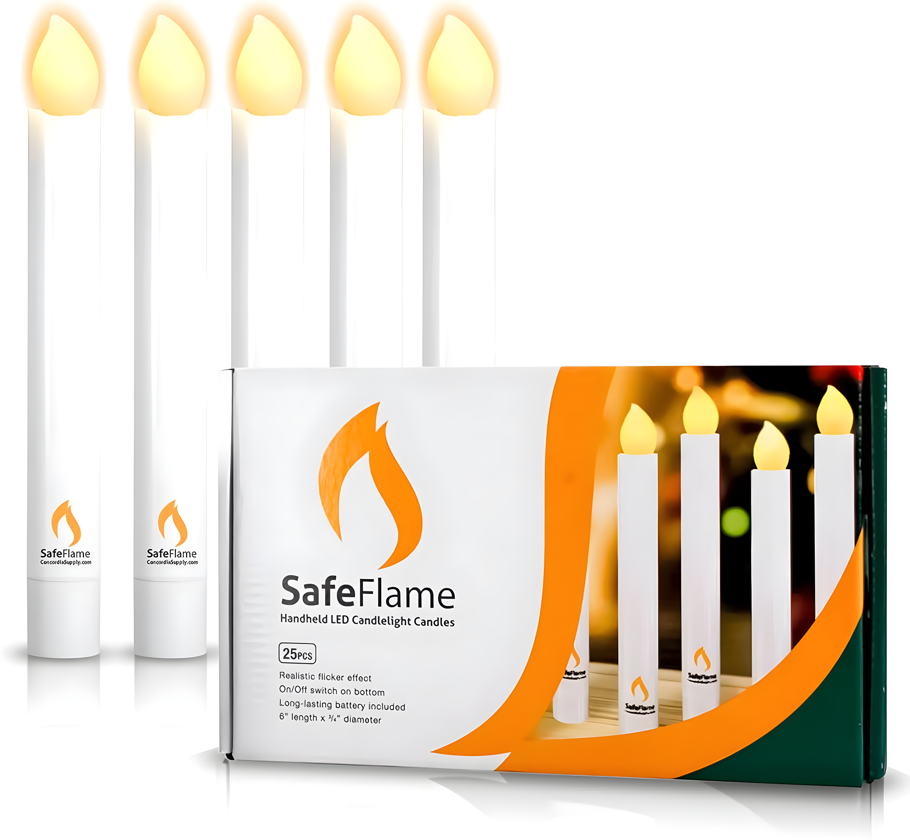 Concordia Supply SafeFlame LED Candlesticks - 6" (25-Pack) Handheld Battery Operated Candles w/Flickering Effect - Perfect for Church Services, Candlelight Vigils, and Special Events - (Amber)