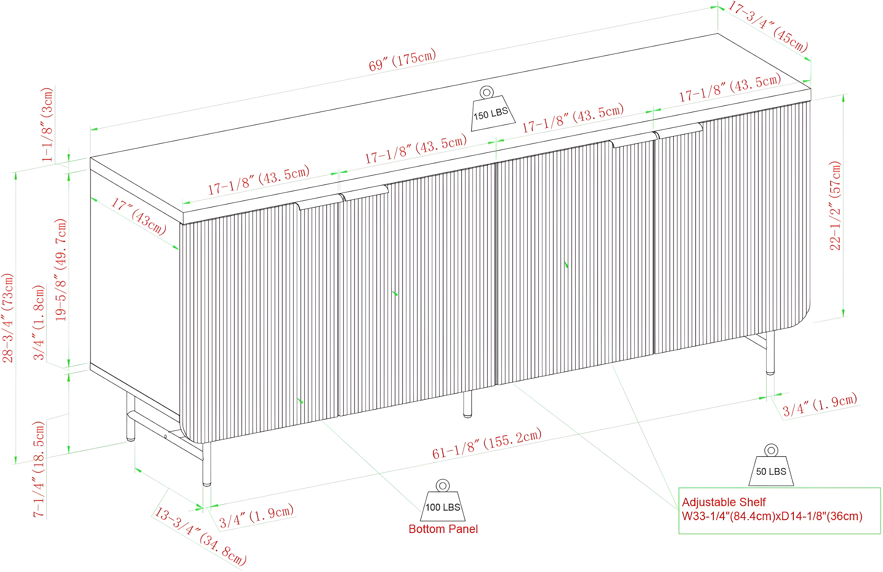 Walker Edison 69" Scandinavian 4-Door Reeded-Front Sideboard, Black