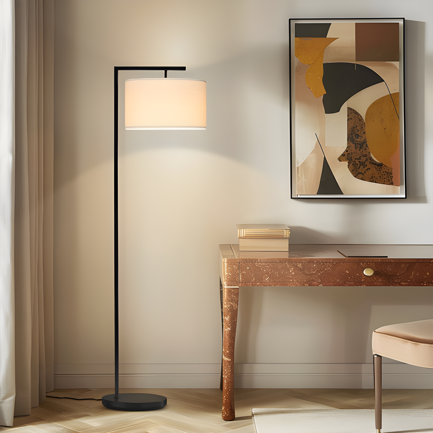 Montage Modern 60 in. Mid-Century Modern LED Floor Lamp with Fabric Drum Shade