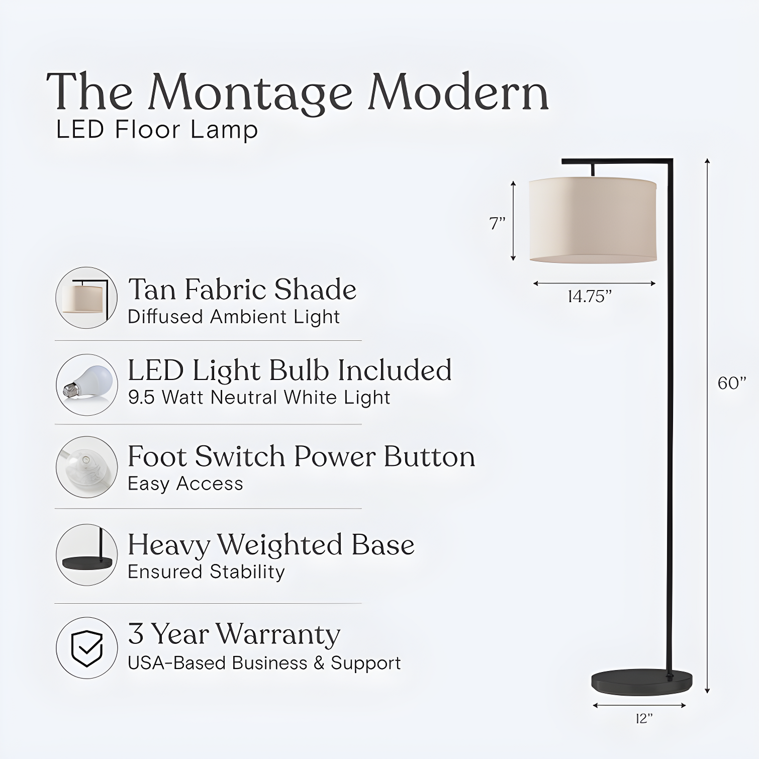 Montage Modern 60 in. Mid-Century Modern LED Floor Lamp with Fabric Drum Shade