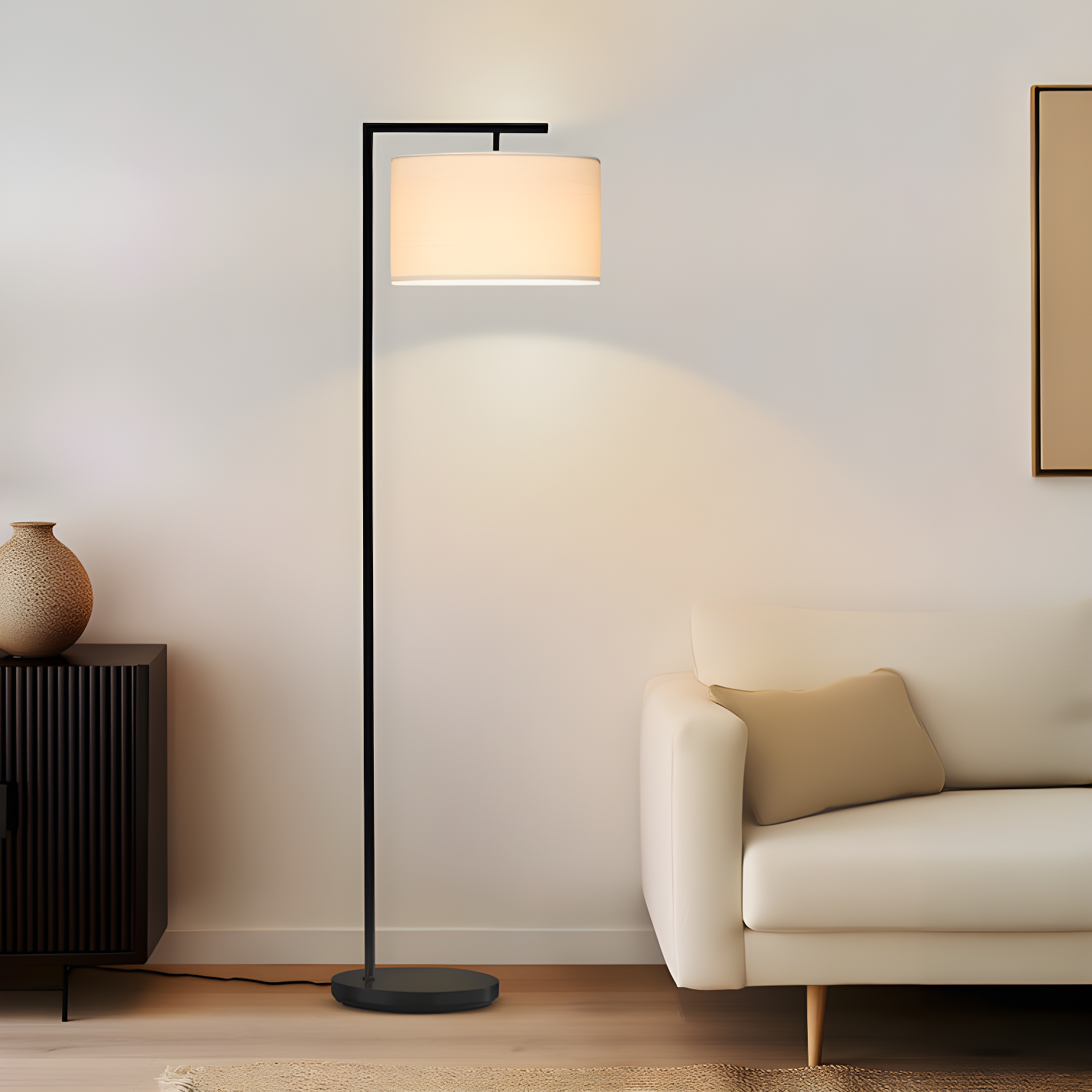 Montage Modern 60 in. Mid-Century Modern LED Floor Lamp with Fabric Drum Shade