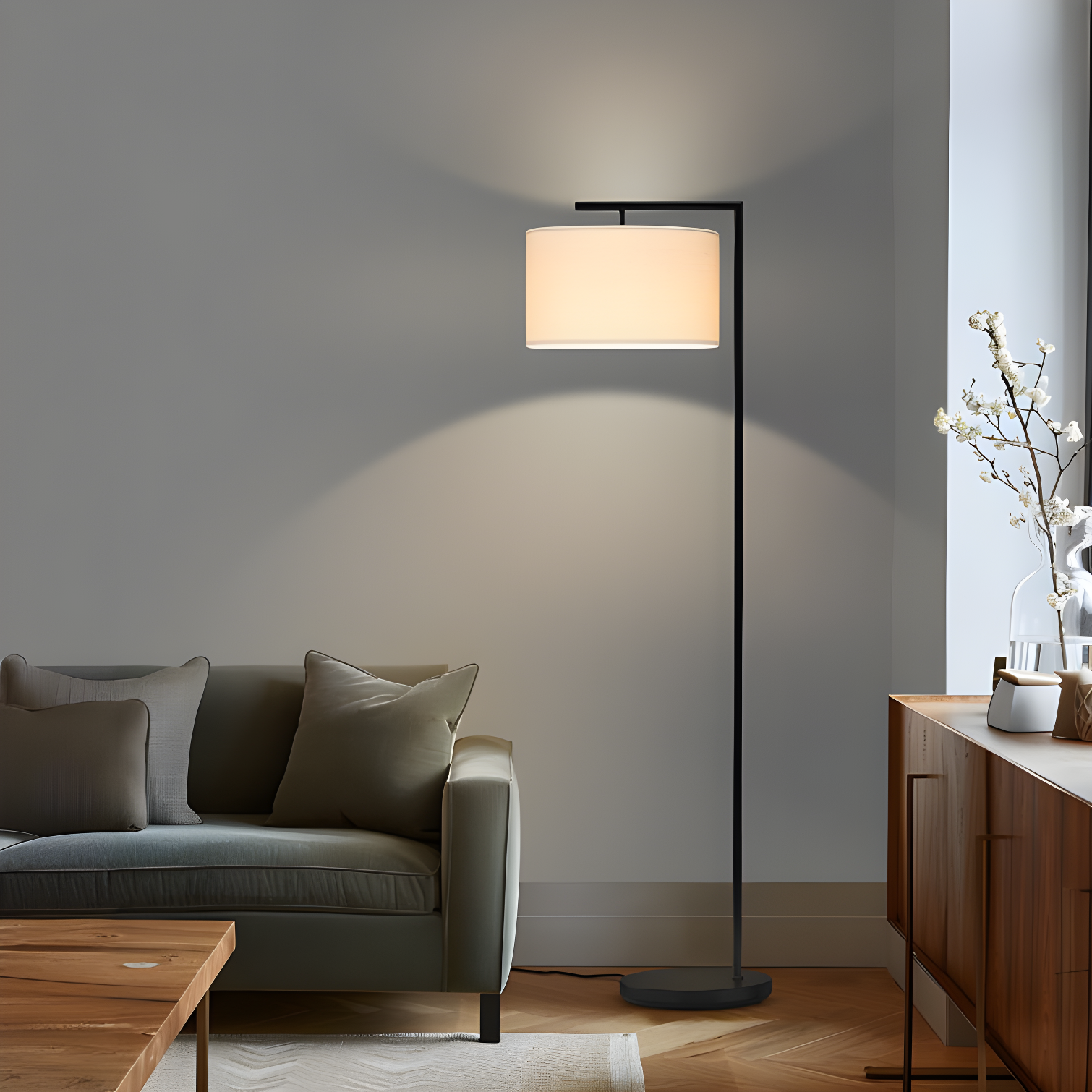 Montage Modern 60 in. Mid-Century Modern LED Floor Lamp with Fabric Drum Shade