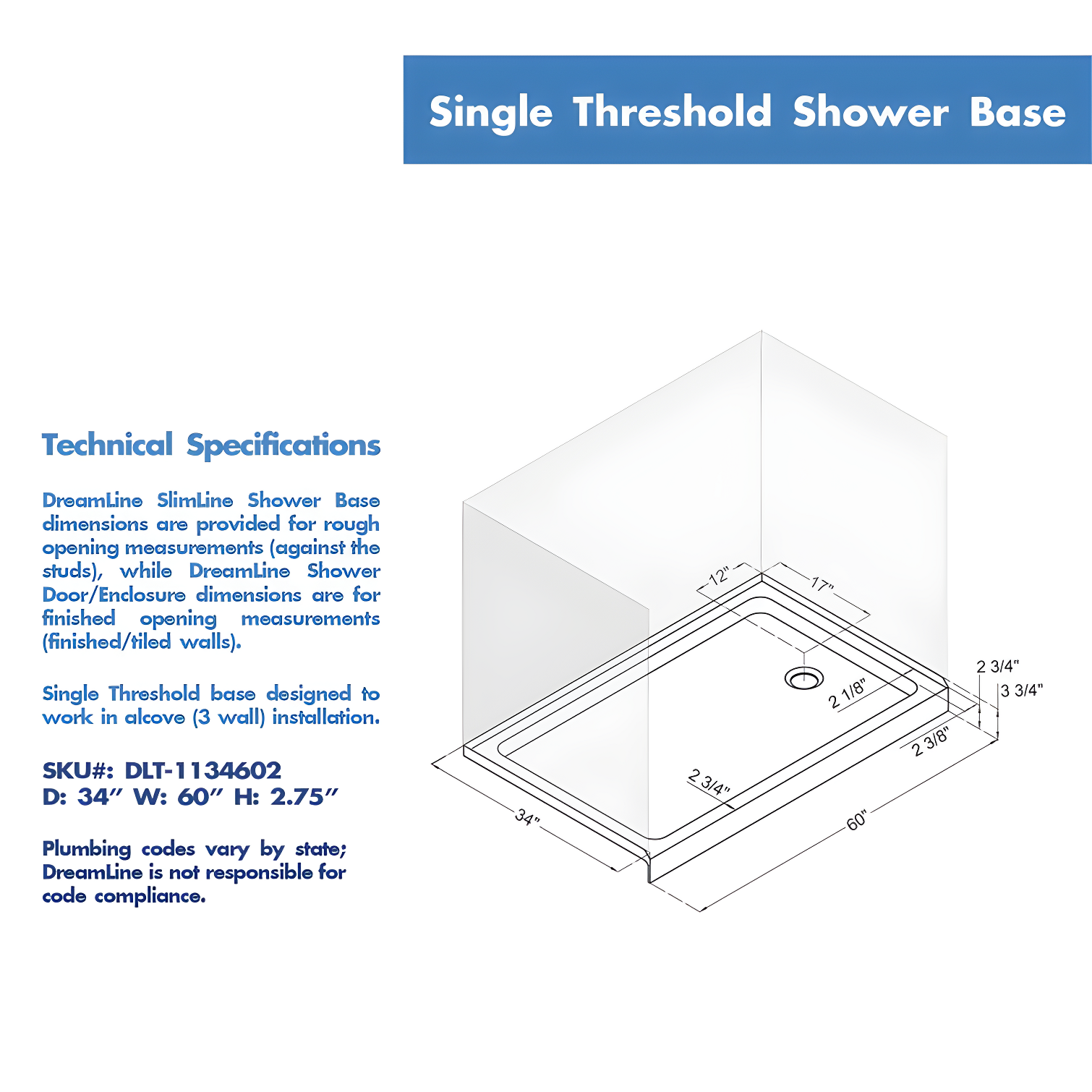 SlimLine 60" x 30" Single Threshold Shower Base