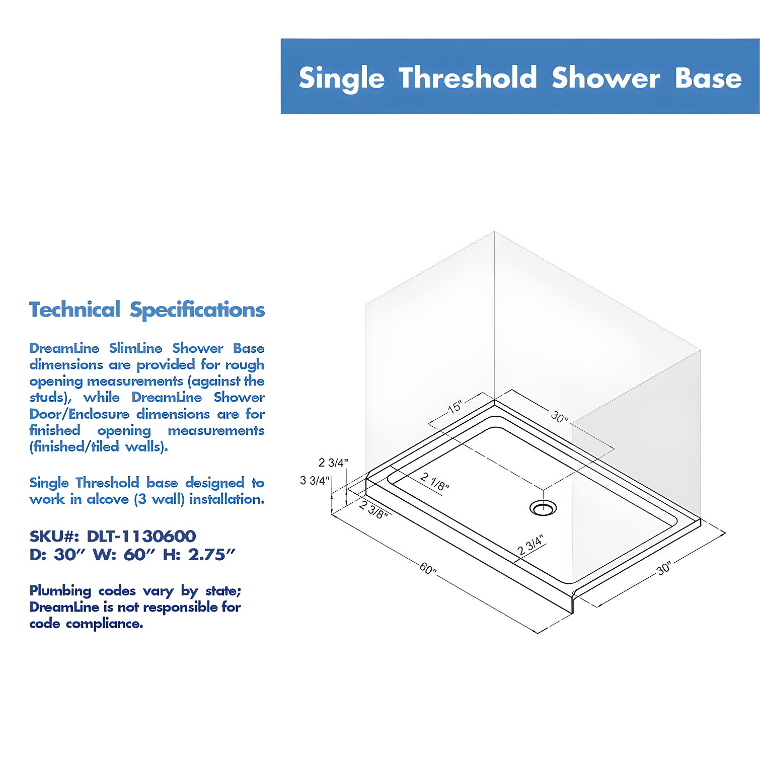 SlimLine 60" x 30" Single Threshold Shower Base