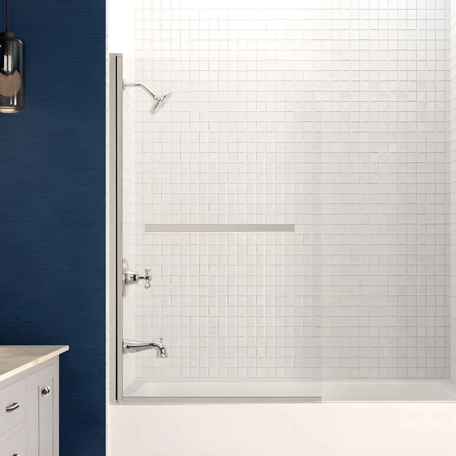 Myth 28 in. W x 56 in. H Hinged Frameless Tub Door with Tsunami Guard Technology