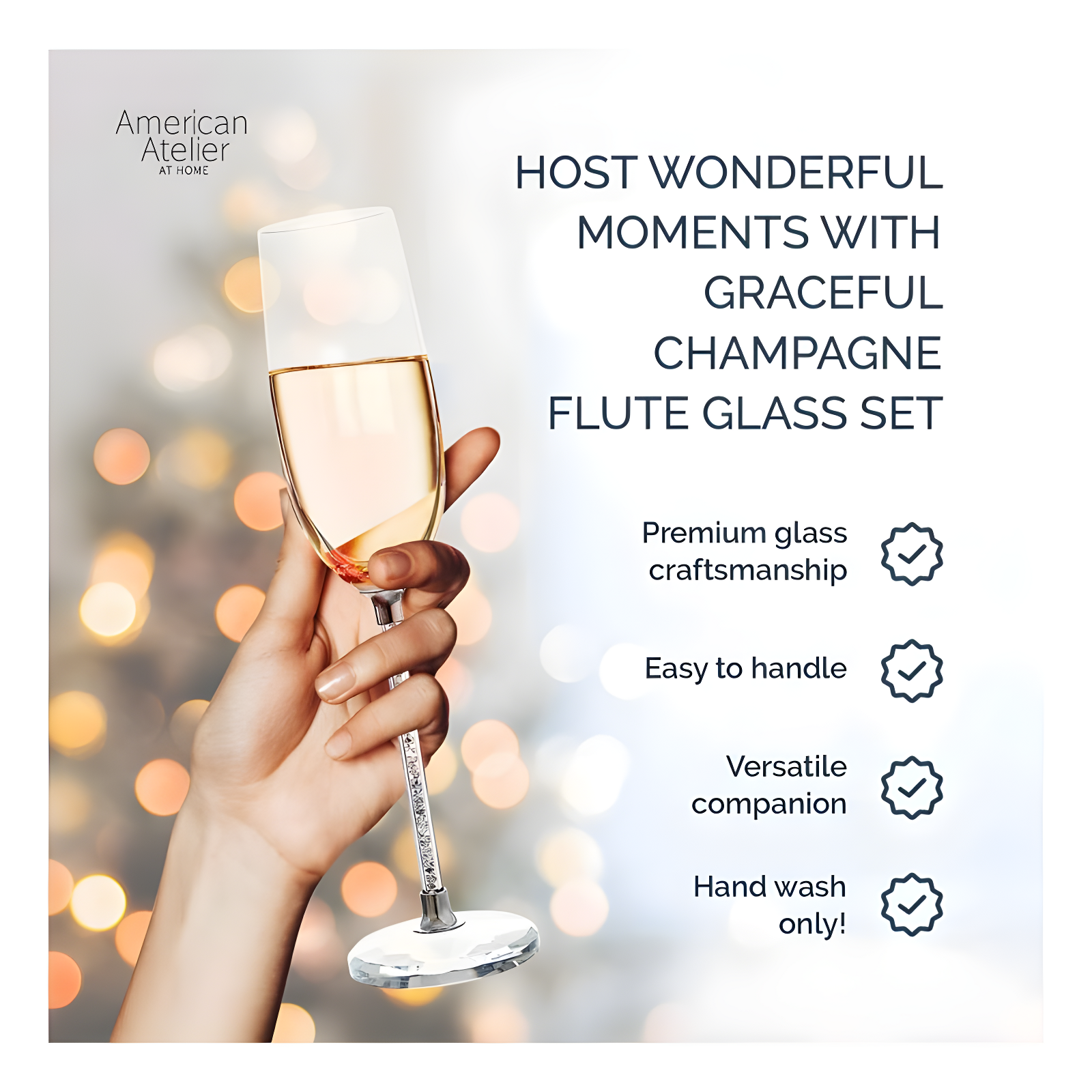 American Atelier Champagne Flutes Set of 2, Gem Filled Stem Toasting Glasses, Giftware for Anniversaries, Engagements, or Holidays, 10" Tall
