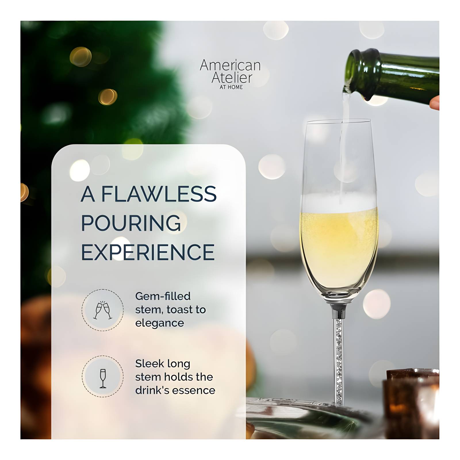 American Atelier Champagne Flutes Set of 2, Gem Filled Stem Toasting Glasses, Giftware for Anniversaries, Engagements, or Holidays, 10" Tall