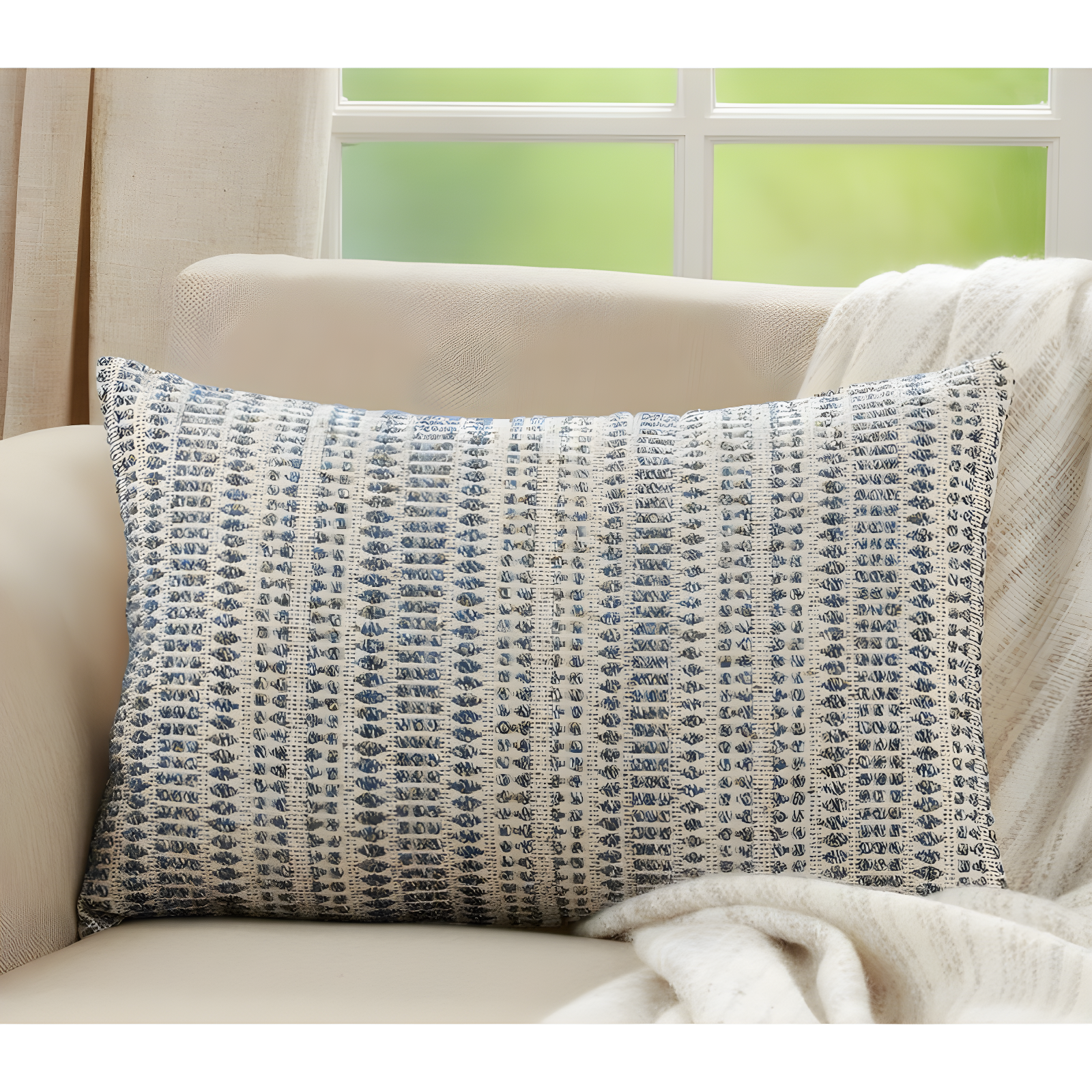 Saro Lifestyle Woven Line Throw Pillow With Down Filling, Blue, 16" x 24"