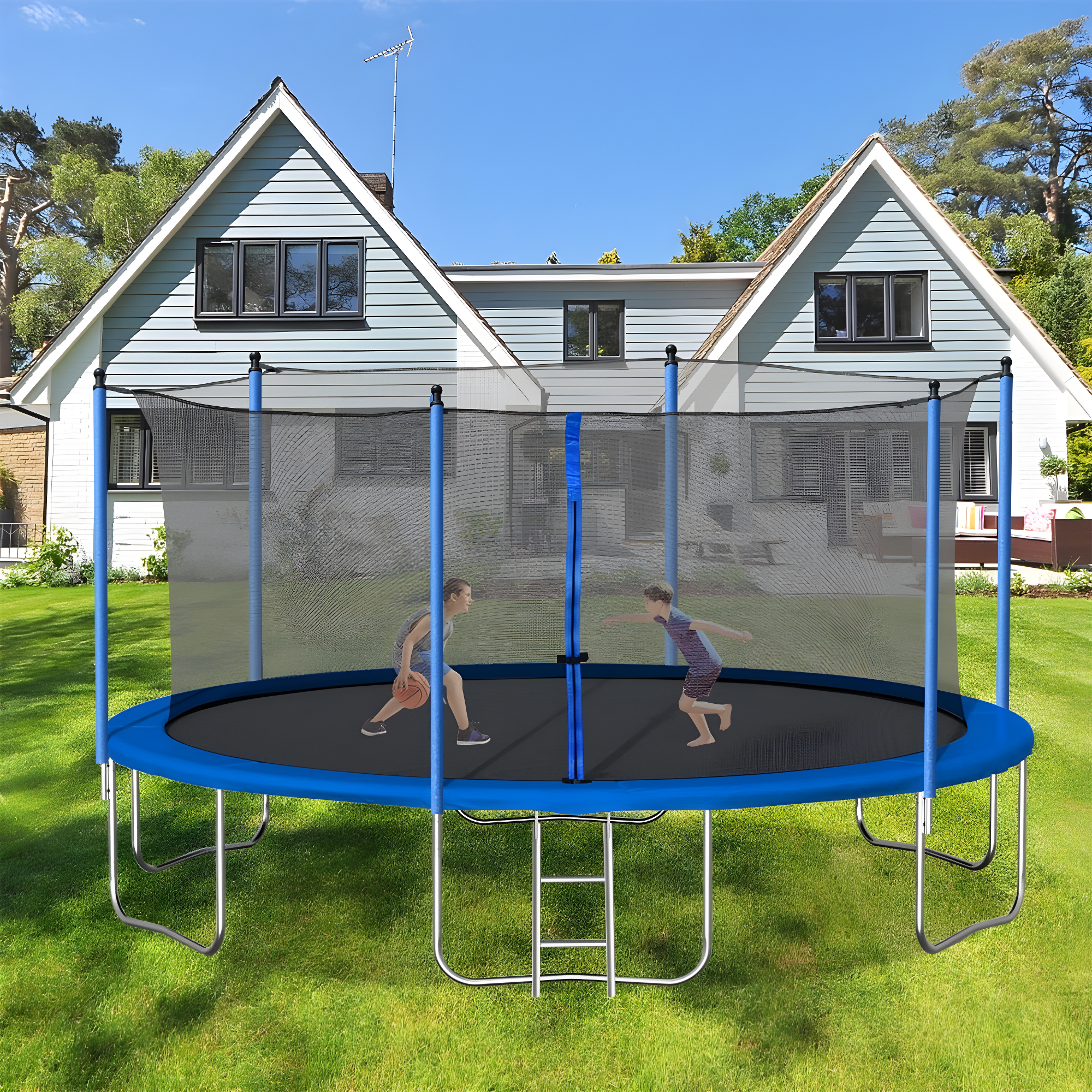 14FT Trampoline for Kids Teens, Recreational Trampoline with Safety Enclosure Net and Ladder, Reinforced Outdoor Sports Fitness Trampolines, Blue