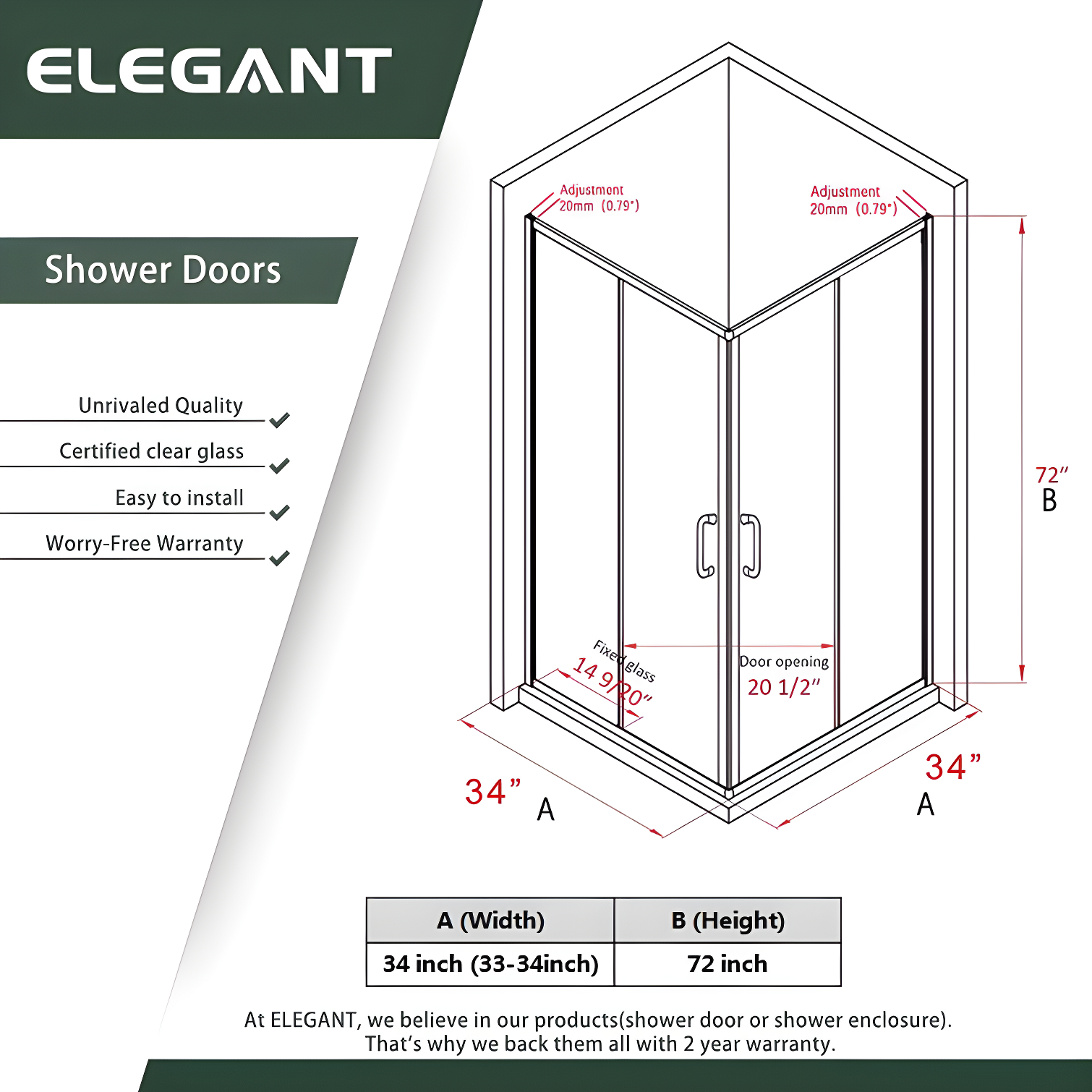 Elegant YJY-BL-343472GD-01 34"D x 34"W x 72"H Framed Square Shower Enclosure with 1/4"Clear Tempered Glass Shower Door