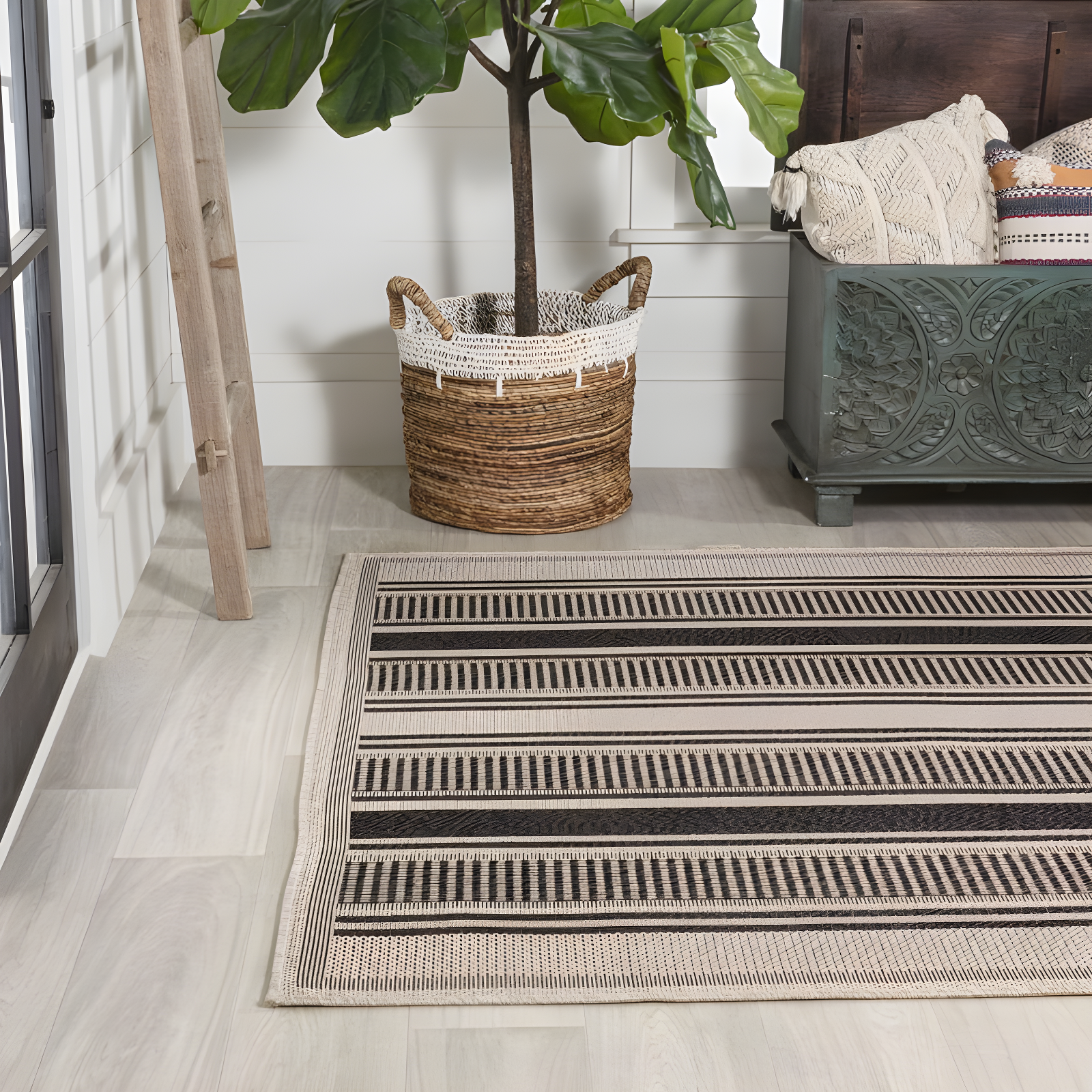 3' x 5' Haynes Modern Double Stripe Indoor/Outdoor Area Rug, Black/Beige - JONATHAN Y