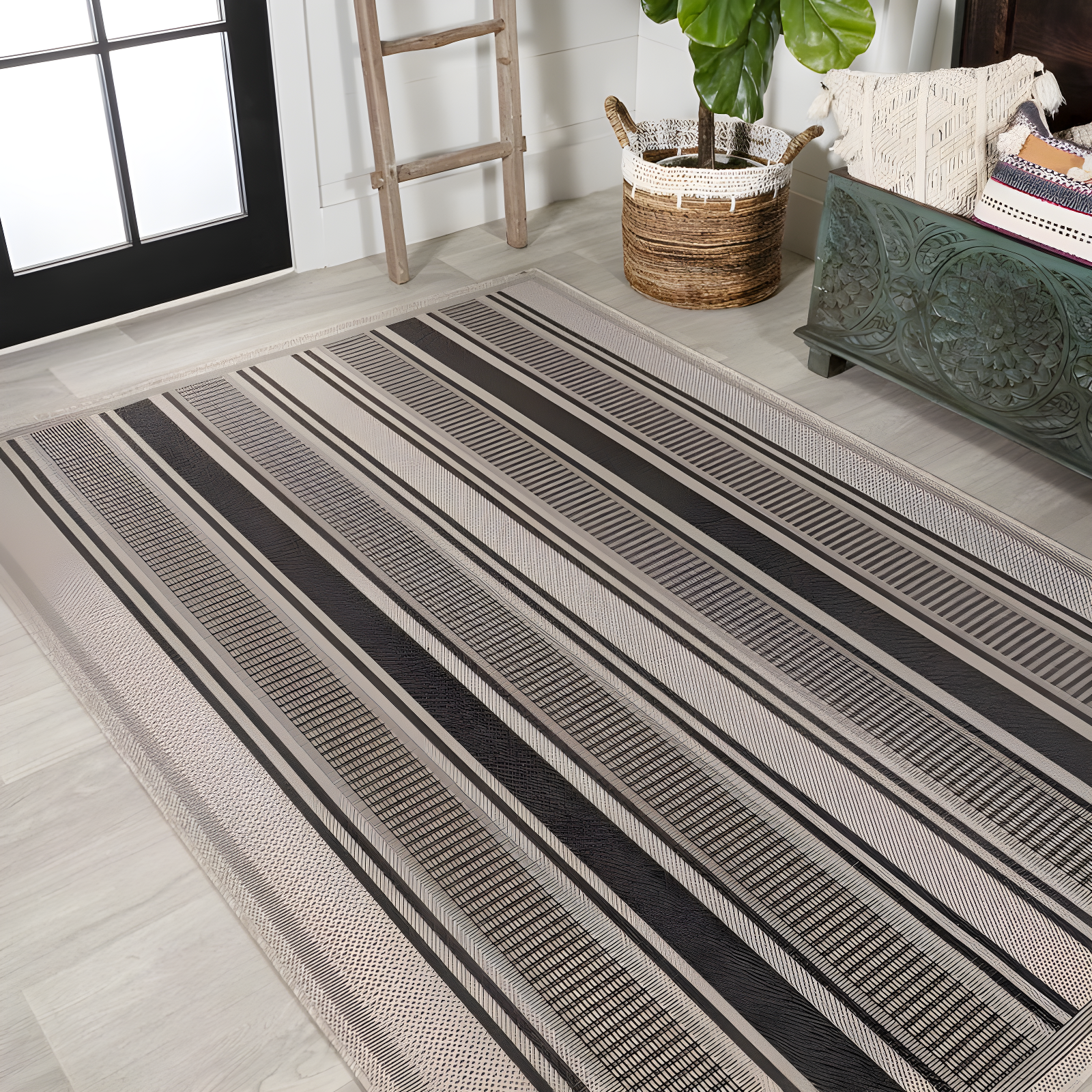 3' x 5' Haynes Modern Double Stripe Indoor/Outdoor Area Rug, Black/Beige - JONATHAN Y