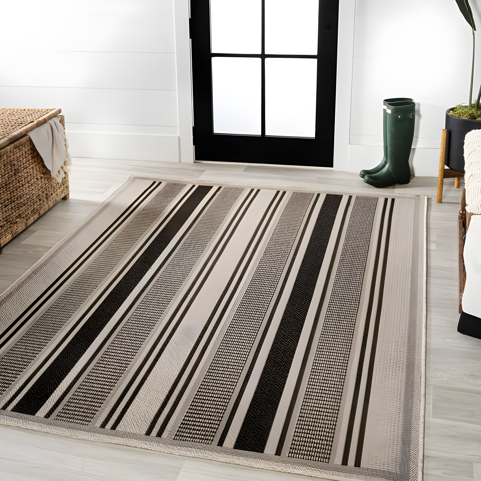 3' x 5' Haynes Modern Double Stripe Indoor/Outdoor Area Rug, Black/Beige - JONATHAN Y
