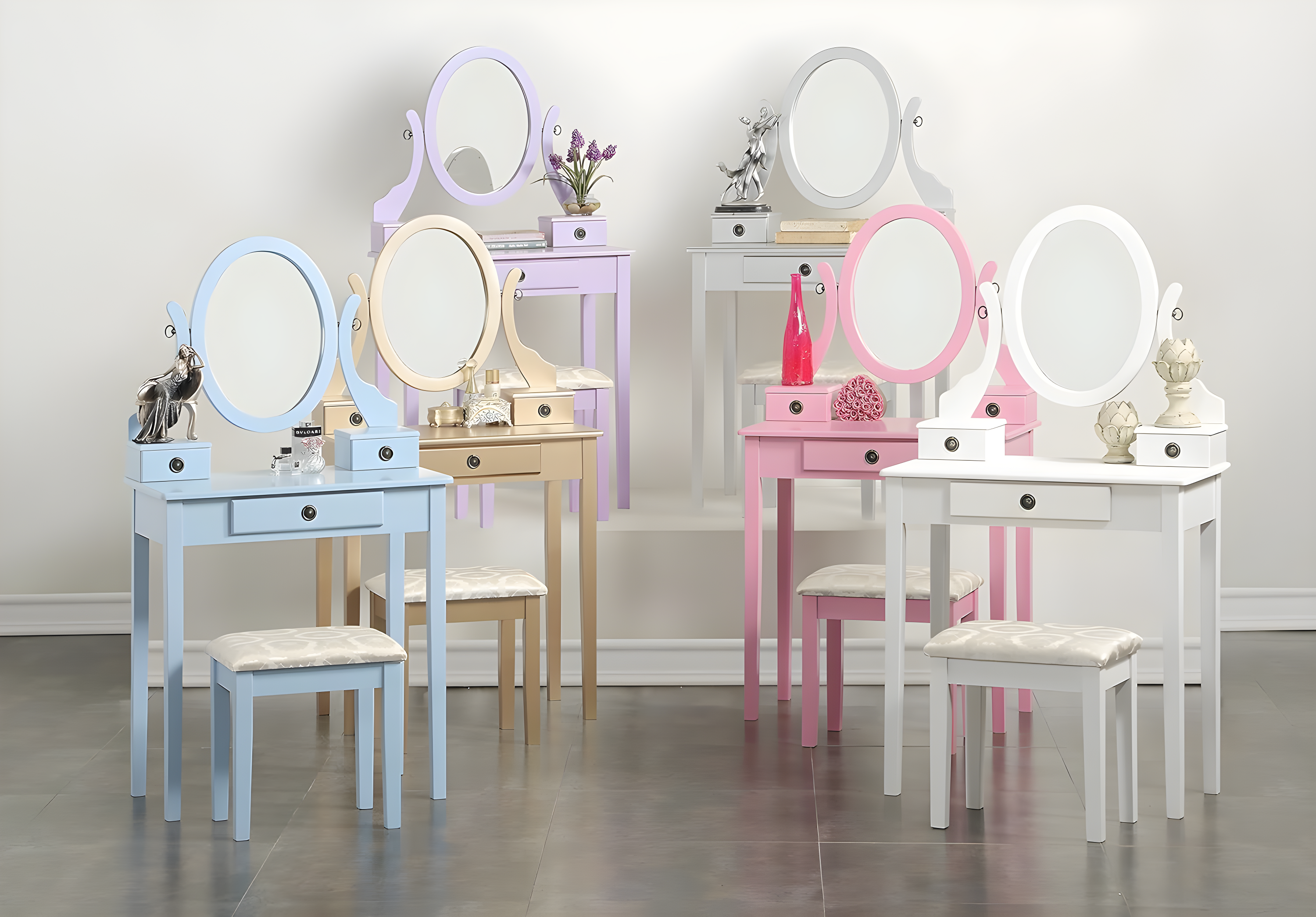 Roundhill Furniture Moniya Wood Makeup Vanity Table and Stool Set, Silver