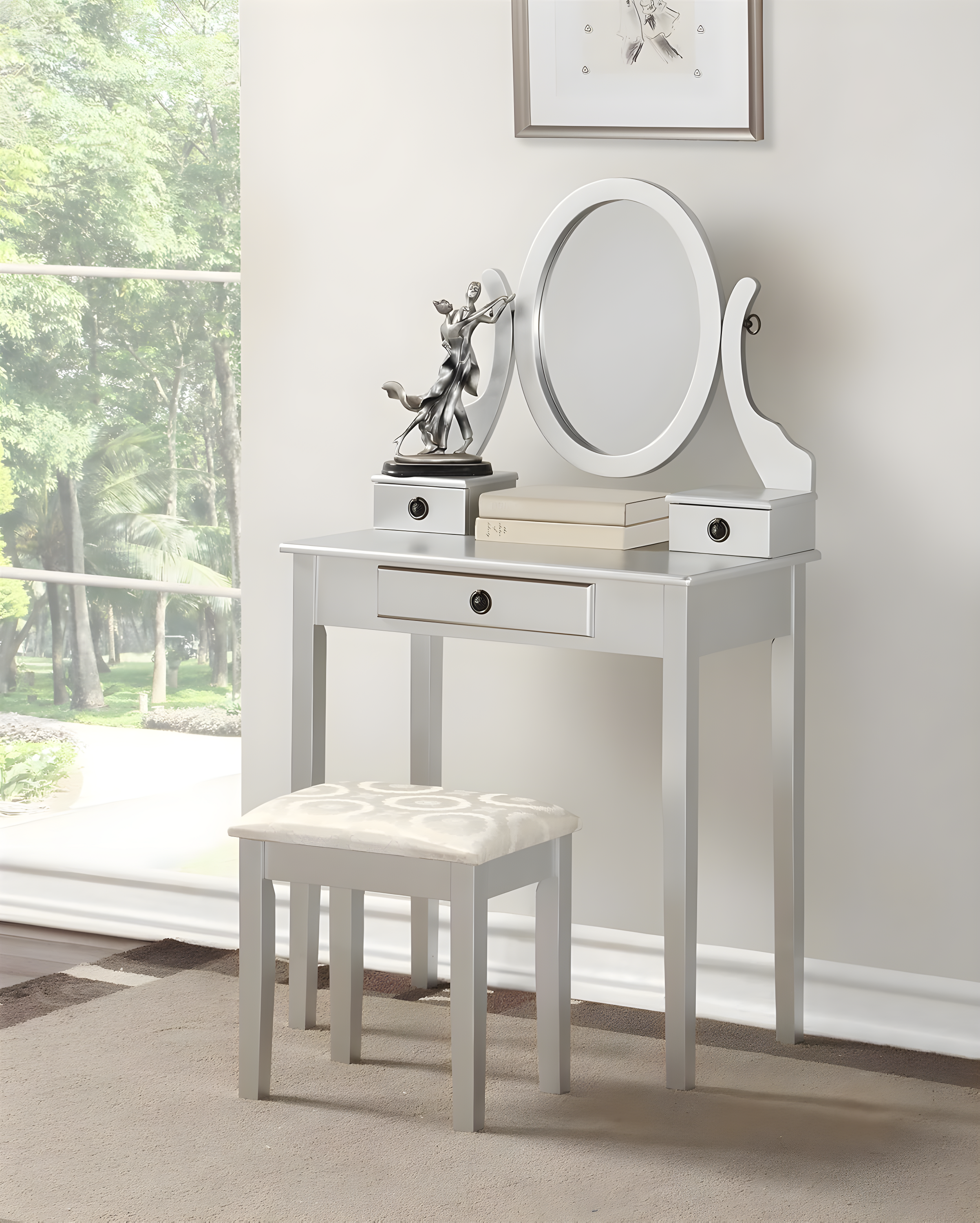 Roundhill Furniture Moniya Wood Makeup Vanity Table and Stool Set, Silver