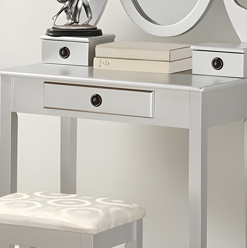 Roundhill Furniture Moniya Wood Makeup Vanity Table and Stool Set, Silver