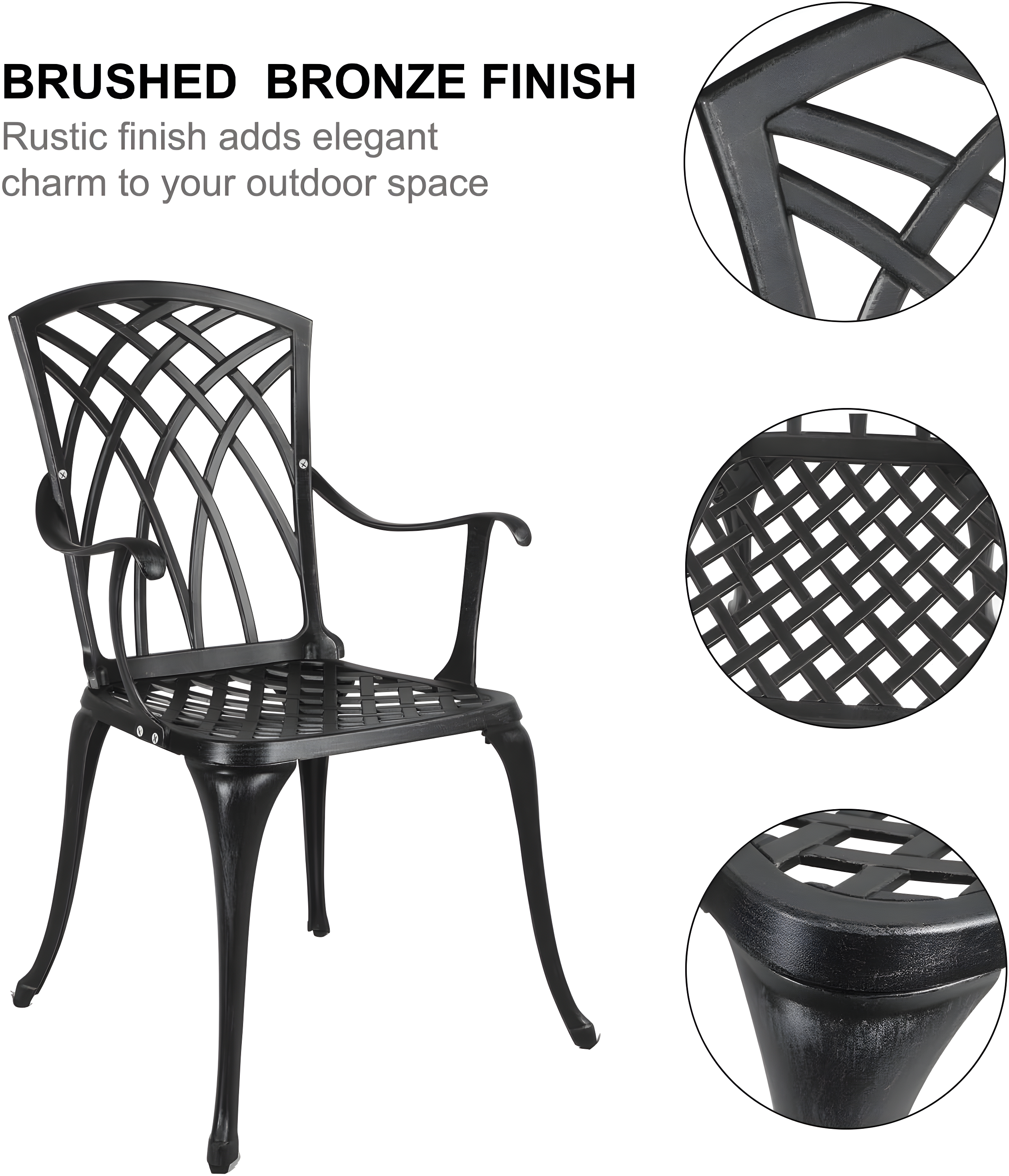 Polar Aurora 3 Piece Cast Aluminum Patio Bistro Set Table Outdoor Round Dining Armchair with Umbrella Hole for Porch, Lawn, Garden, Backyard, Pool, Black