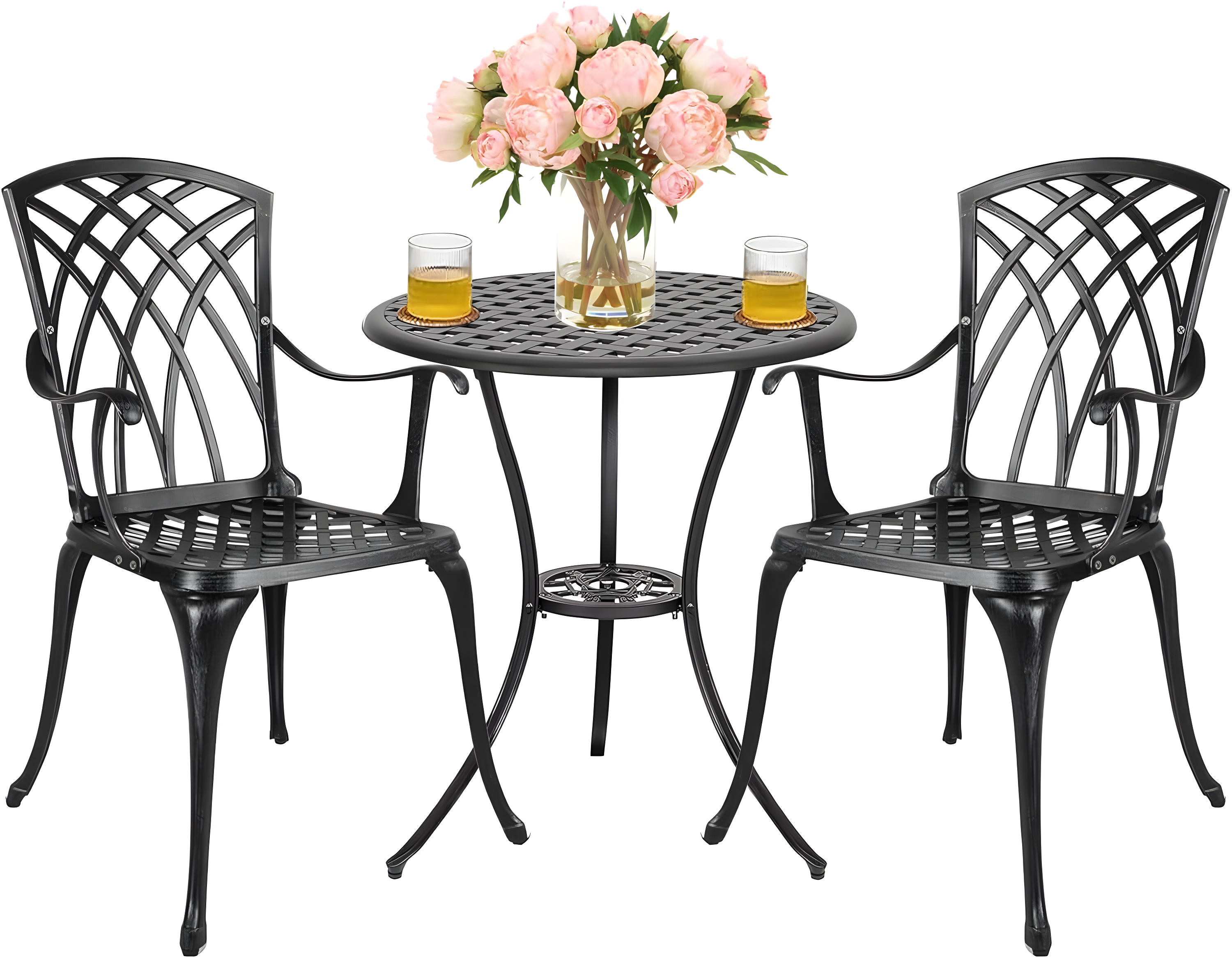 Polar Aurora 3 Piece Cast Aluminum Patio Bistro Set Table Outdoor Round Dining Armchair with Umbrella Hole for Porch, Lawn, Garden, Backyard, Pool, Black