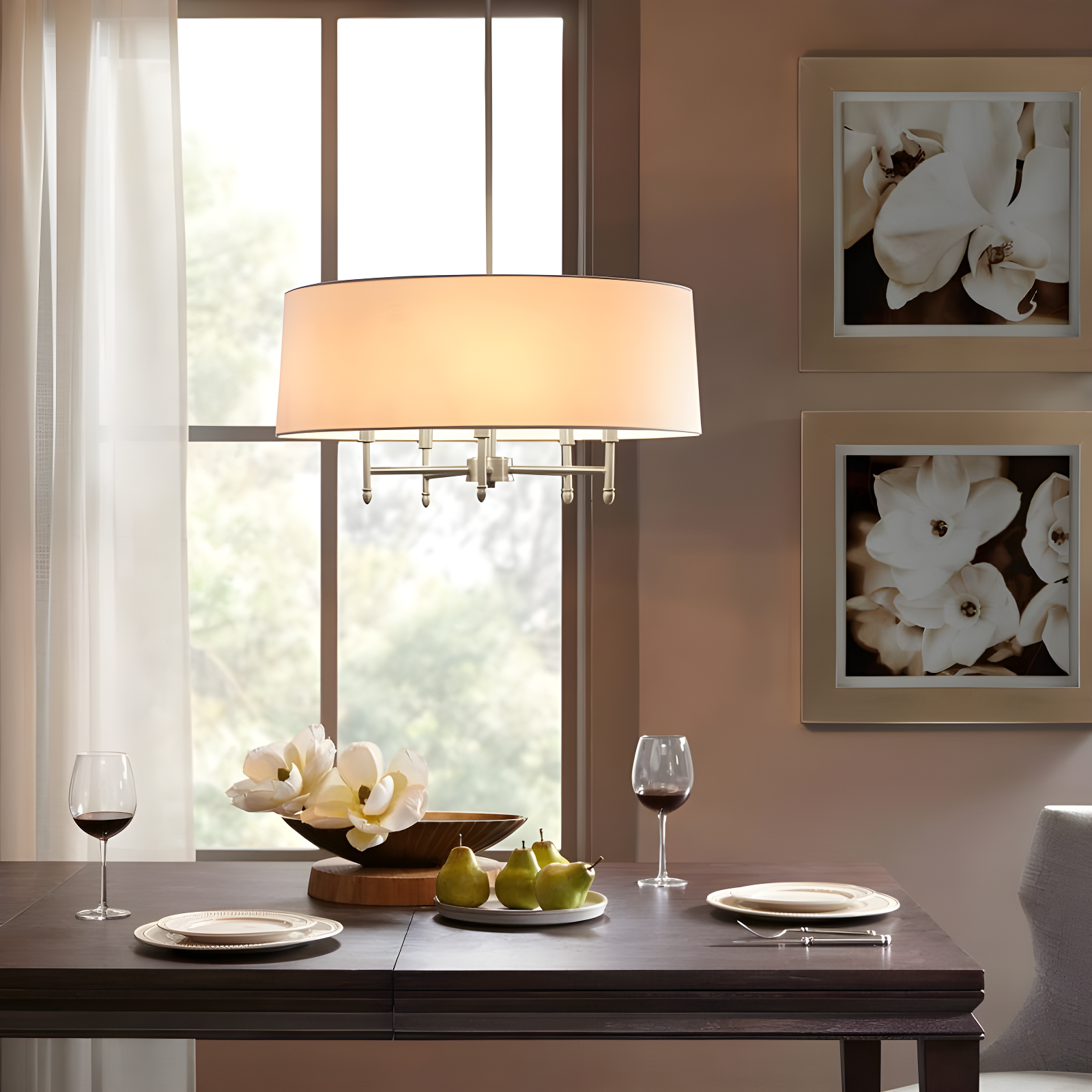 Hampton Hill Presidio 5-Light Dimmable Chandelier with Drum-shaped Fabric Shade & Adjustable Height