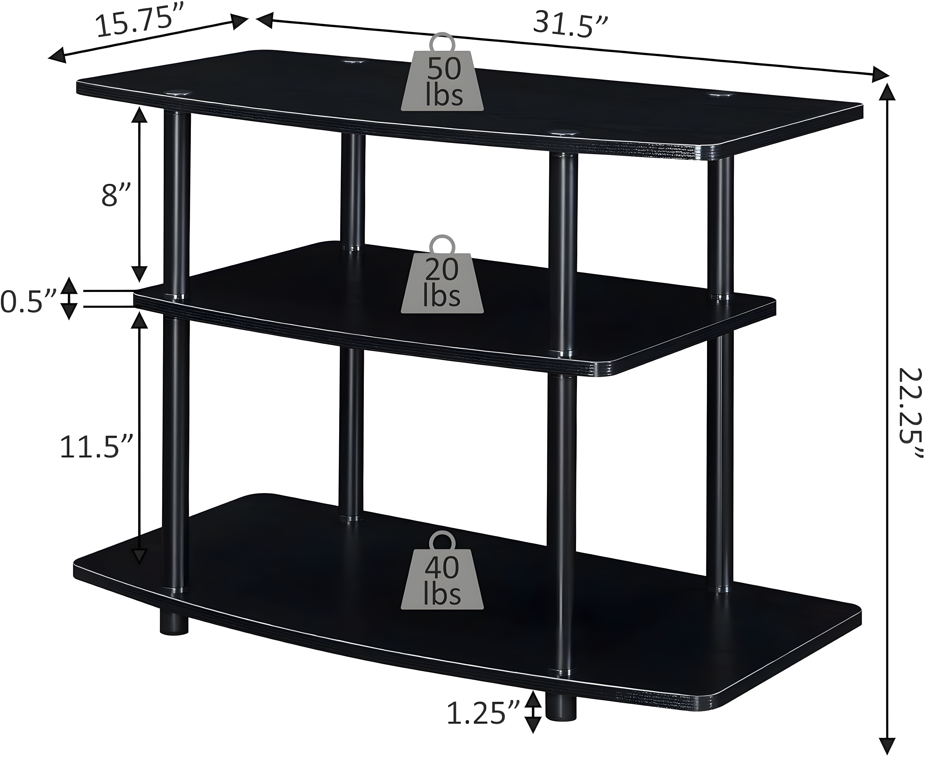Convenience Concepts Designs2Go Three-Tier TV Stand in Black Wood Finish