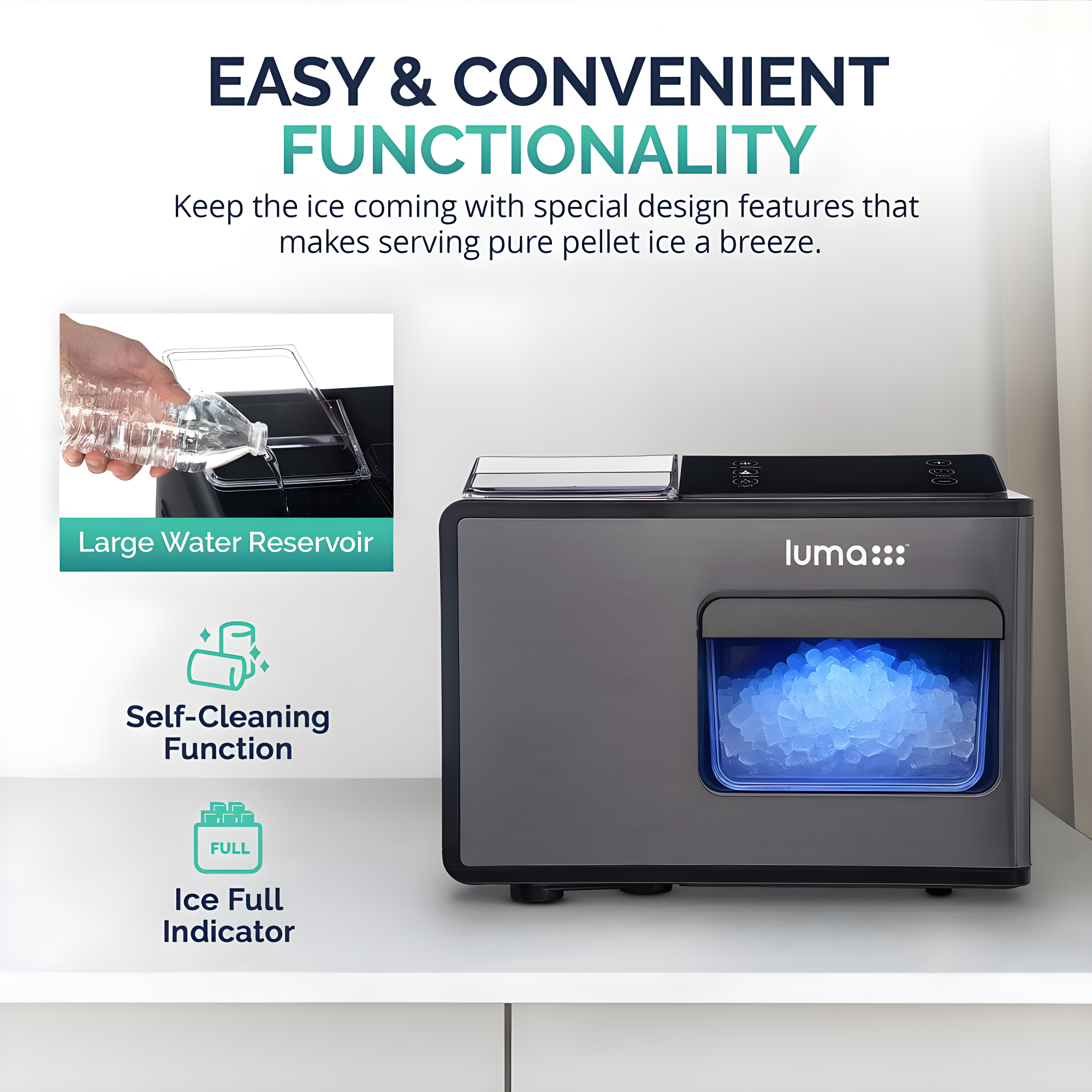 Luma Nugget Countertop Ice Maker, 44 lbs in 24 hours, Black Stainless Steel Ice Machine