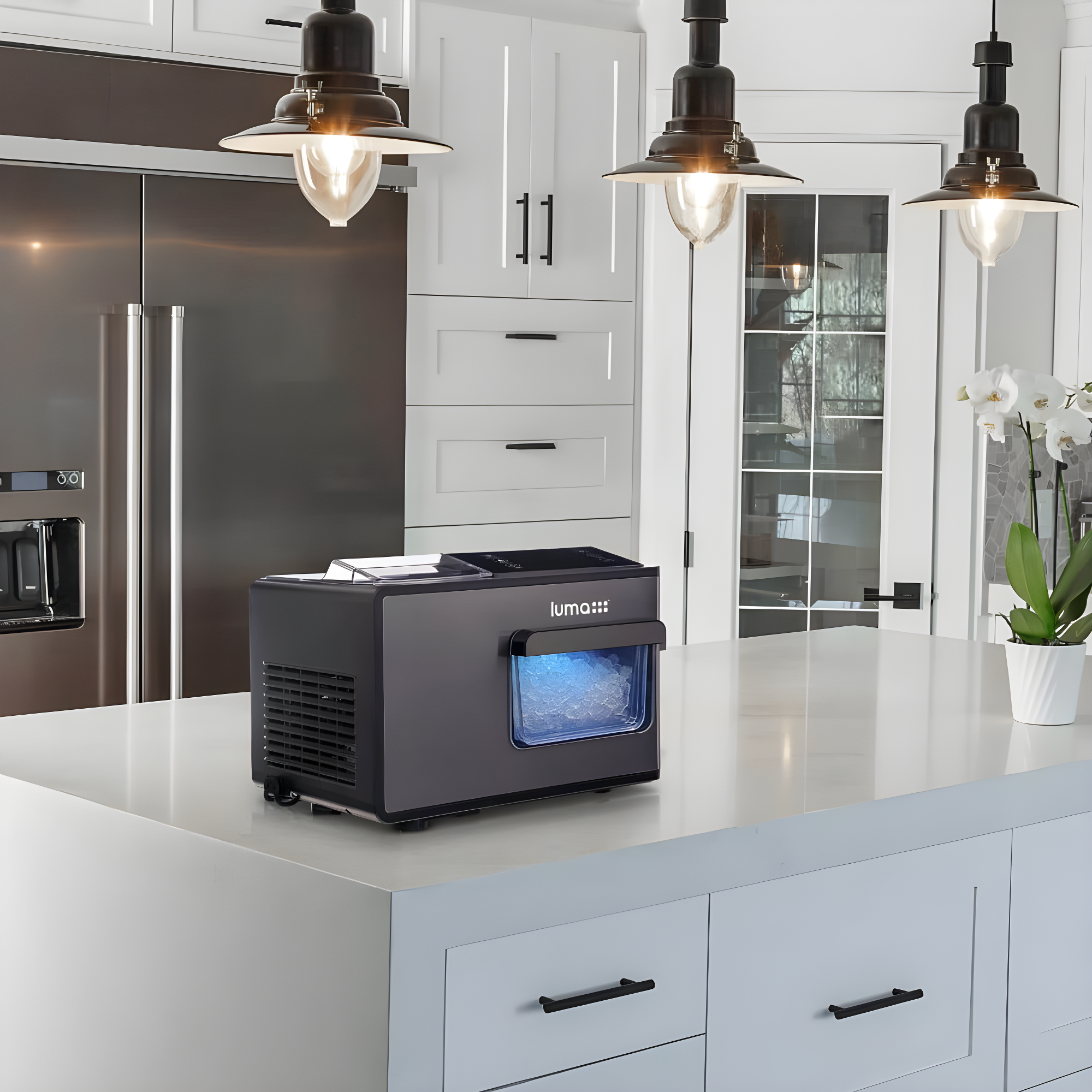 Luma Nugget Countertop Ice Maker, 44 lbs in 24 hours, Black Stainless Steel Ice Machine