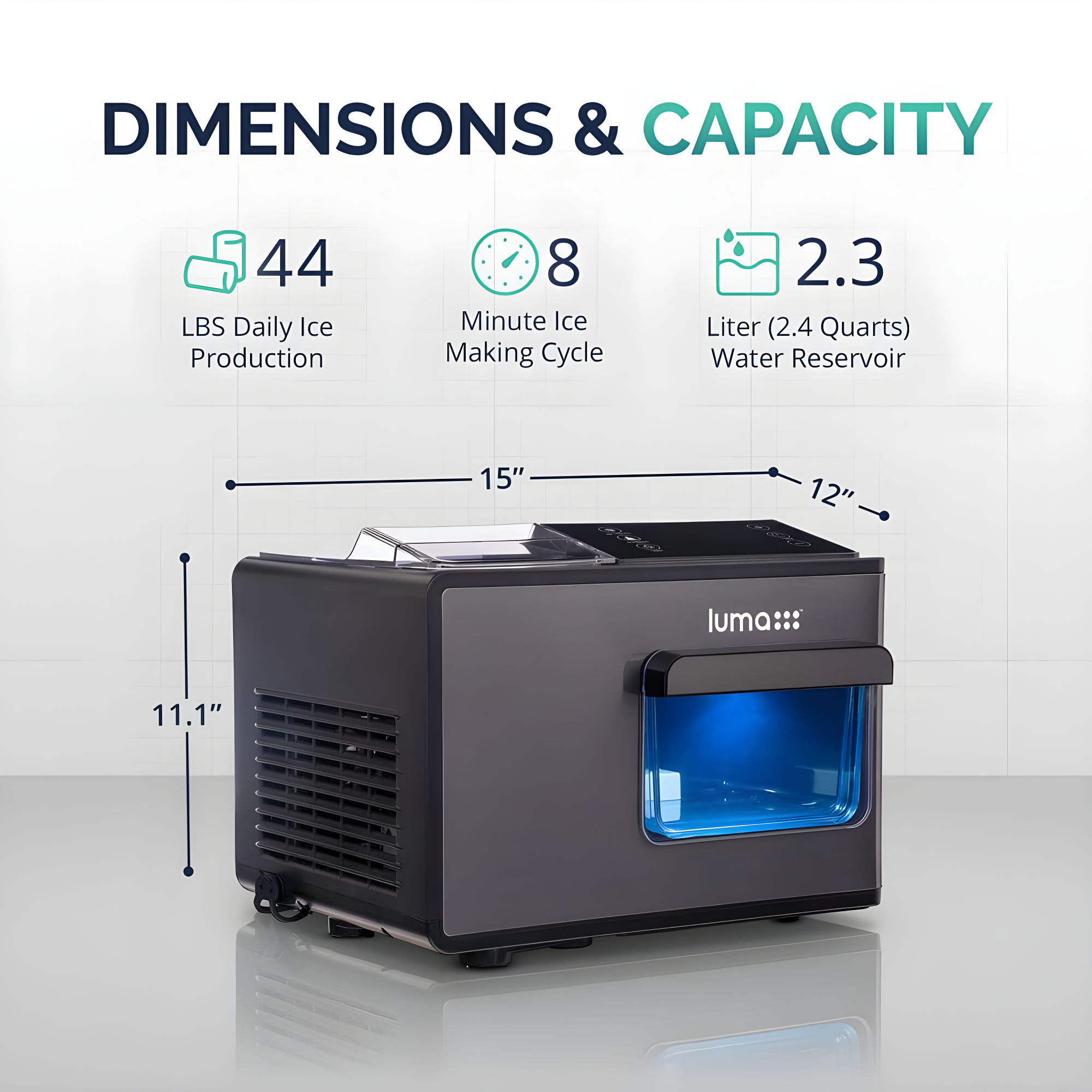 Luma Nugget Countertop Ice Maker, 44 lbs in 24 hours, Black Stainless Steel Ice Machine