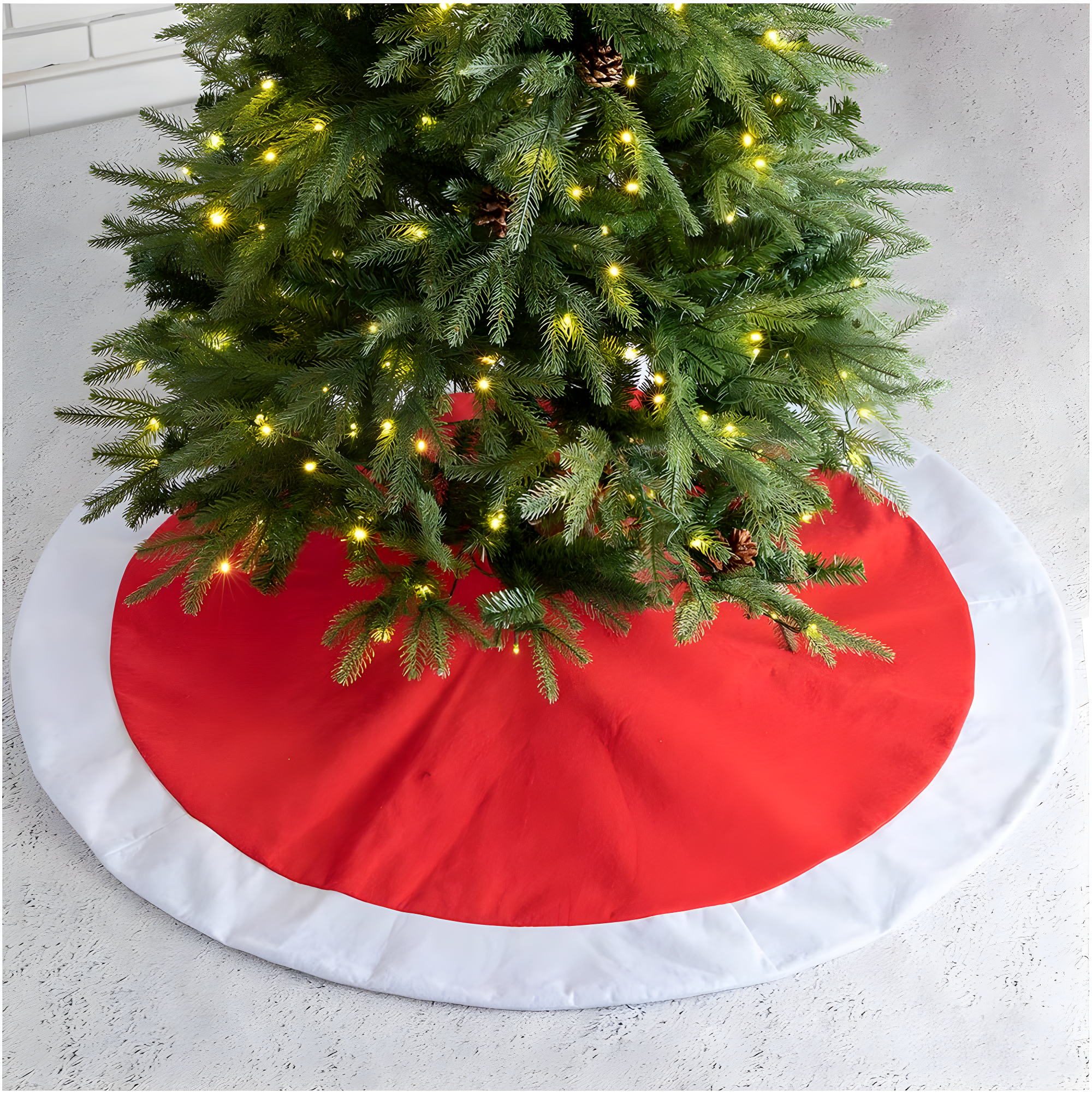 48" Red and White Felt Christmas Tree Skirt with Trim Embellishment