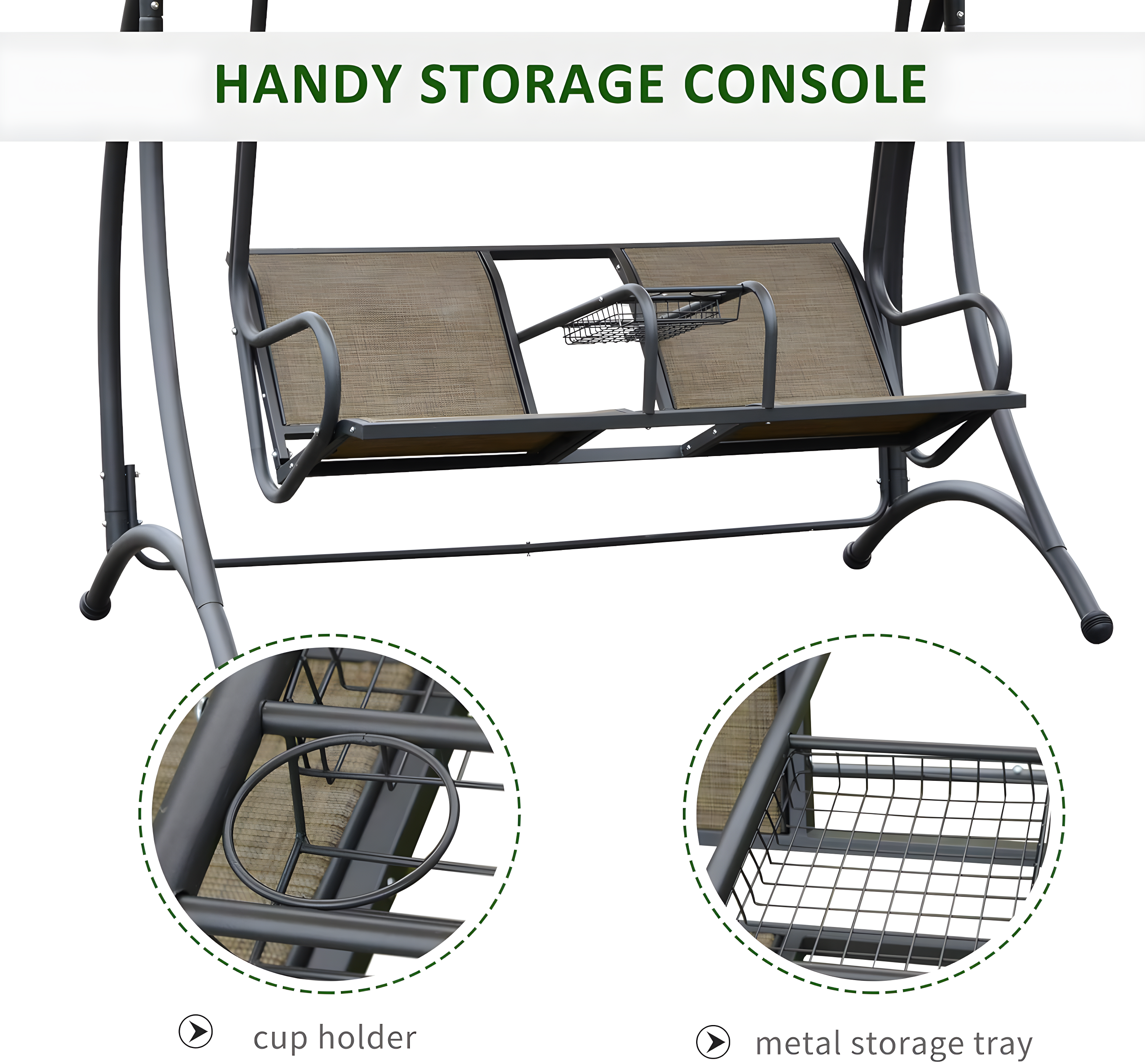 Outsunny 2-Person Porch Swing, Outdoor Patio Swing Bench with Adjustable Tilt Canopy, Cup Holder and Storage Tray, Steel Frame, Brown