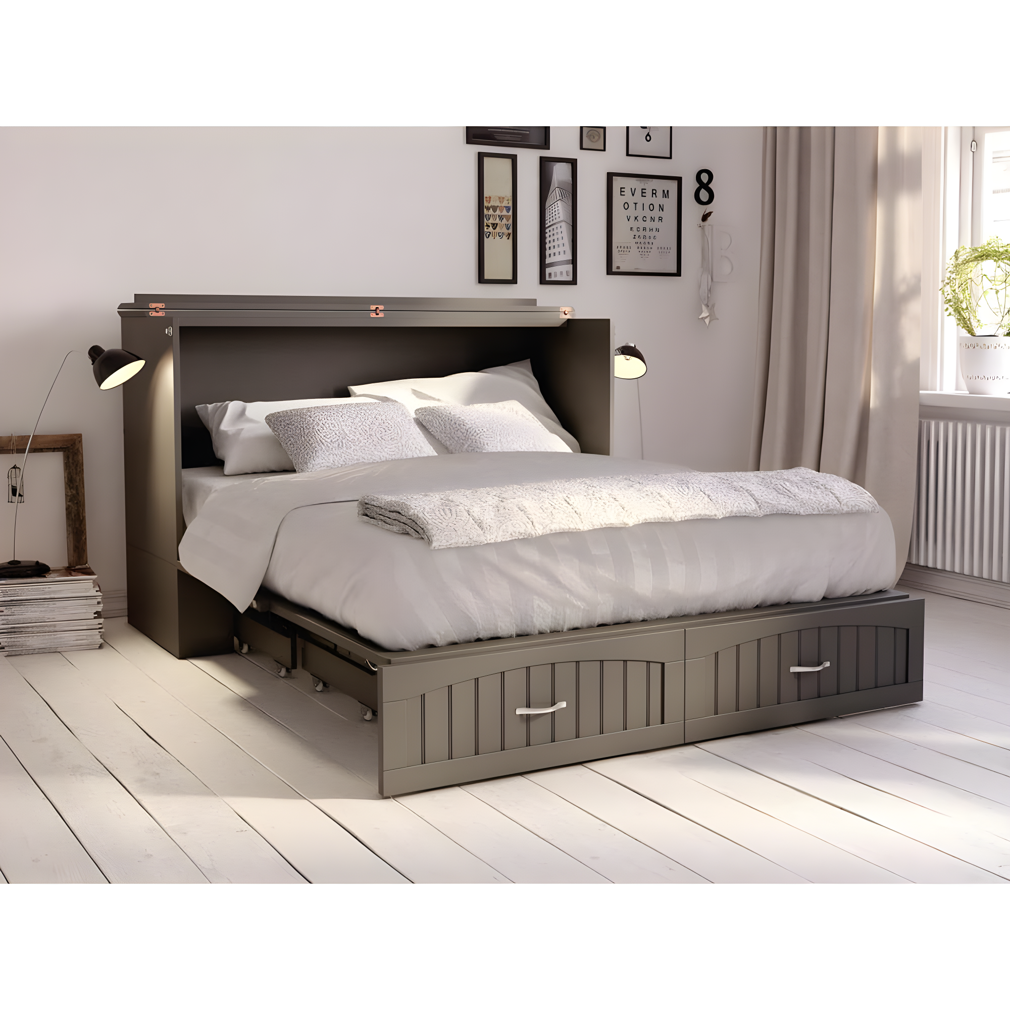 Southampton Murphy Bed Chest Queen Grey with Charging Station