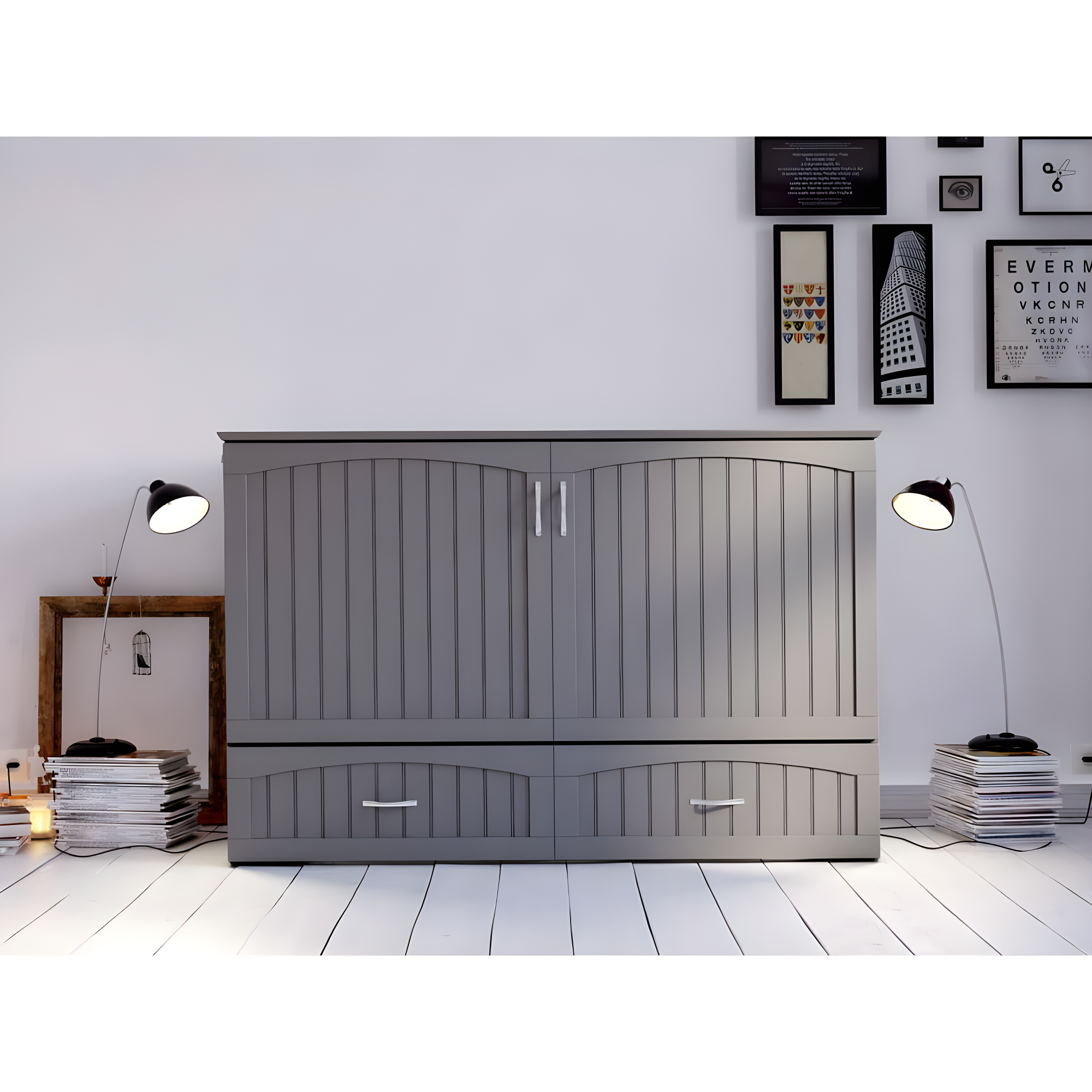Southampton Murphy Bed Chest Queen Grey with Charging Station