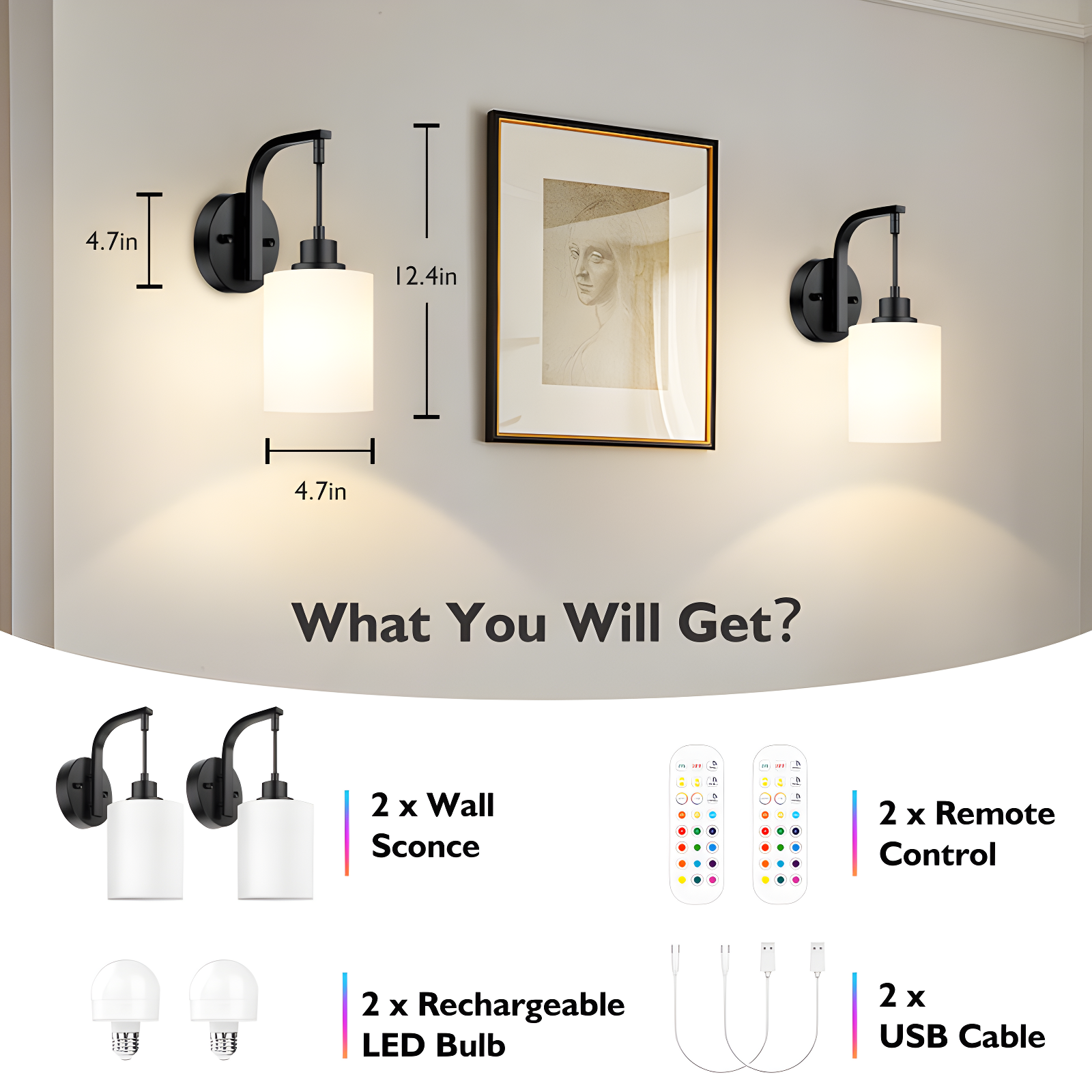 Latitude Run® Battery Operated Wall Sconce Set Of 2, Wireless Rechargeable Wall Lights, Glass Wall Lamps With Remotes And Dimmable RGB LED Bulbs, No Wiring Indoor Sconces Wall Decor For Bedroom Living Room Hallway