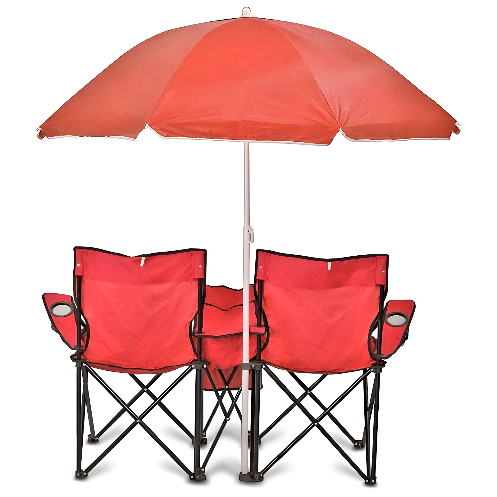 GoTeam Portable Double Folding Chair w/Removable Umbrella, Cooler Bag and Carry Case - Red