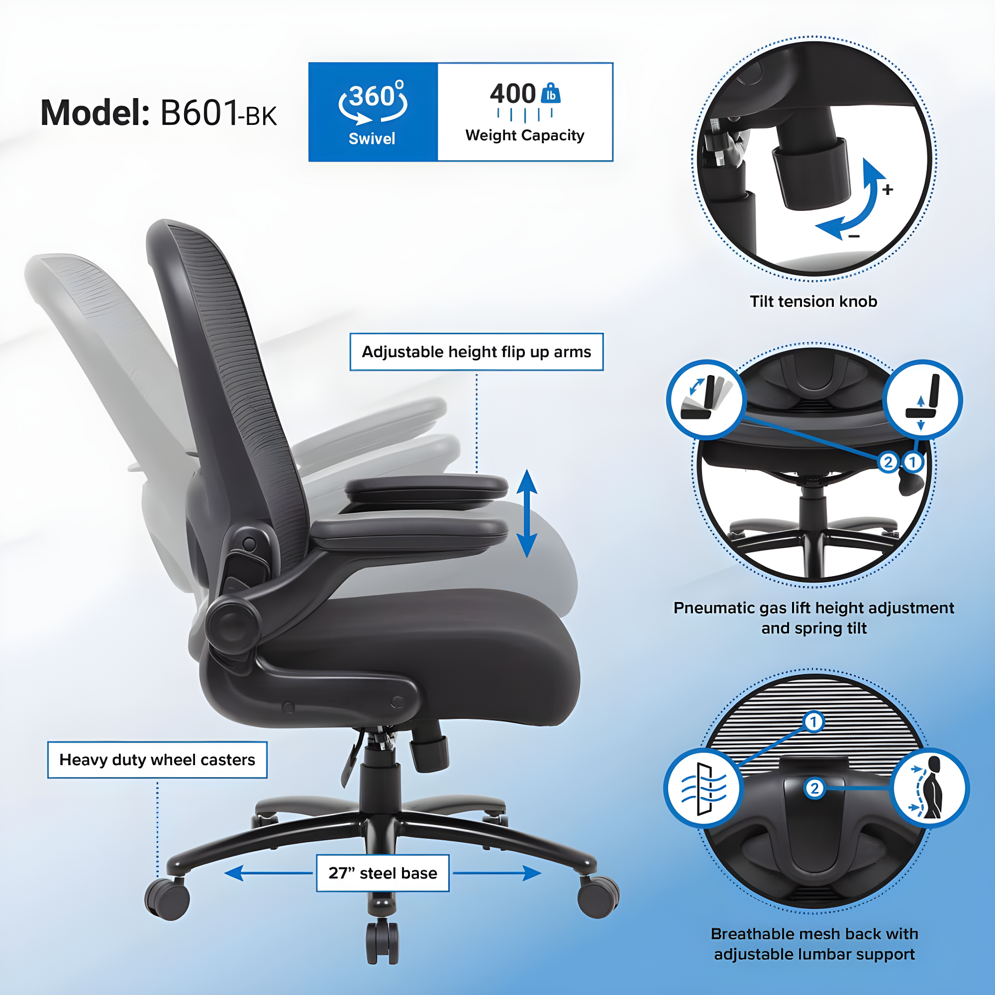 Boss Office Products Big and Tall Mesh Heavy Duty Chair, 400 lb weight capacity