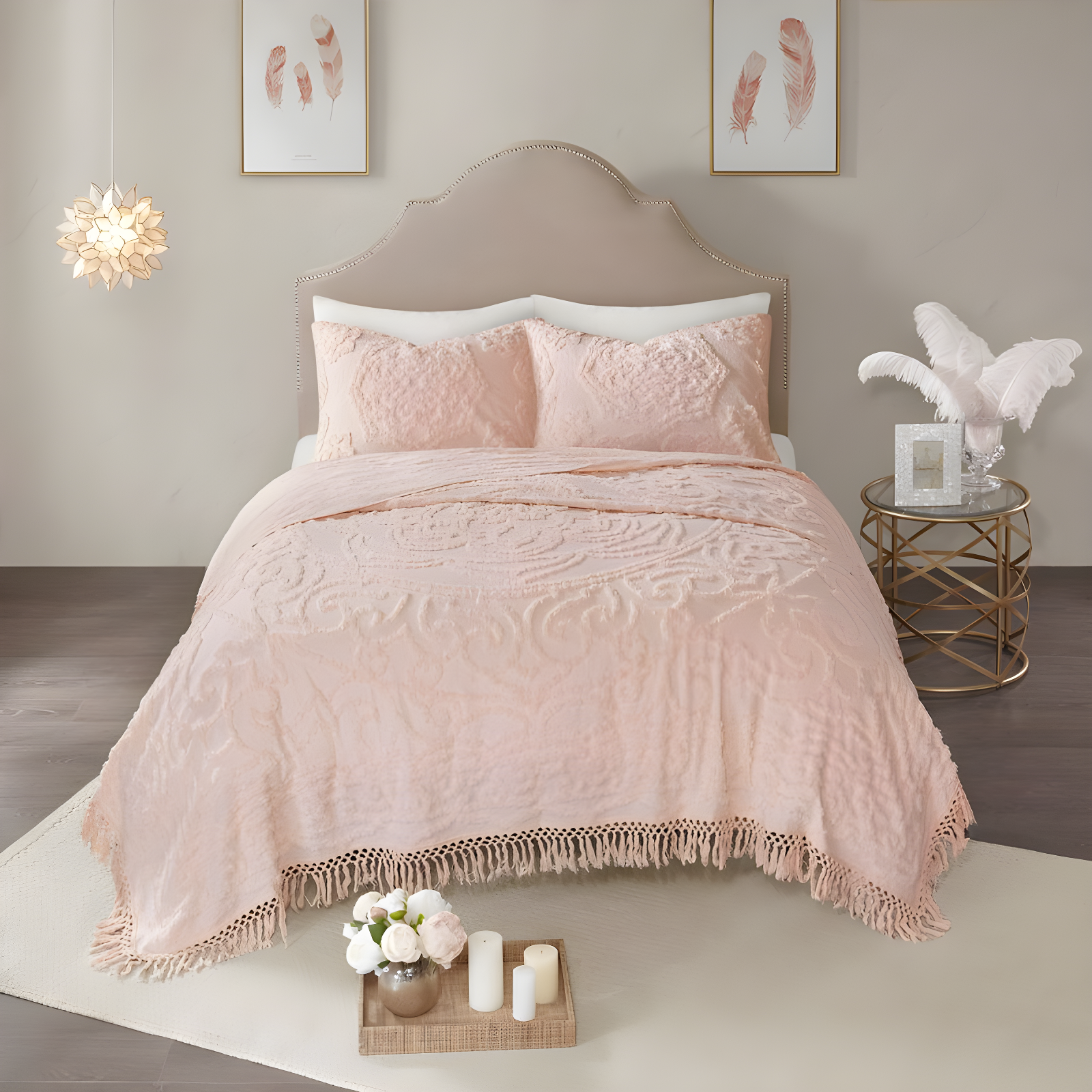 Laetitia Tufted Chenille Cotton Medallion Fringe Coverlet Set