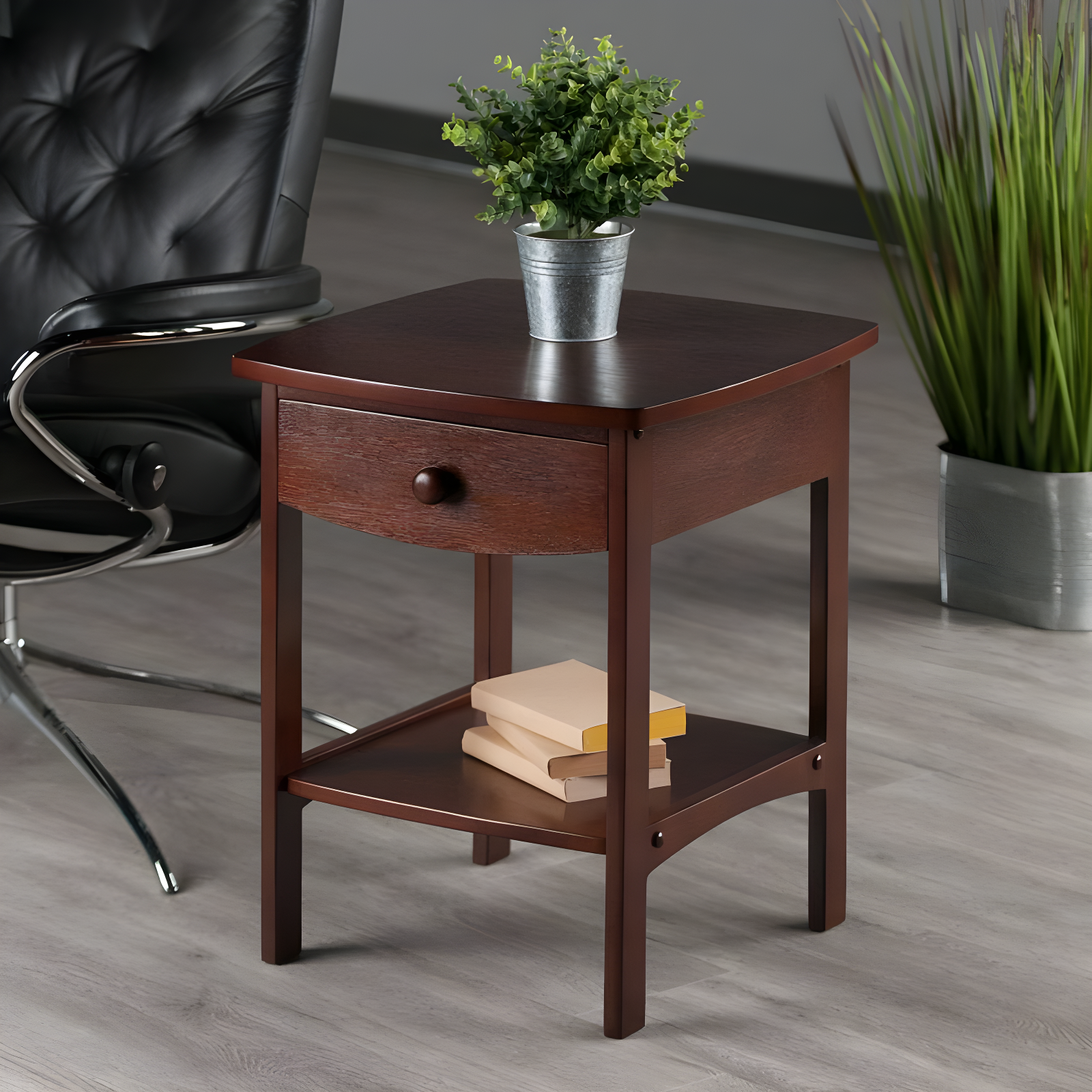 Winsome End Table Walnut: Hardwood Frame, MDF Top, Rectangular Side Table with Shelf & Drawer