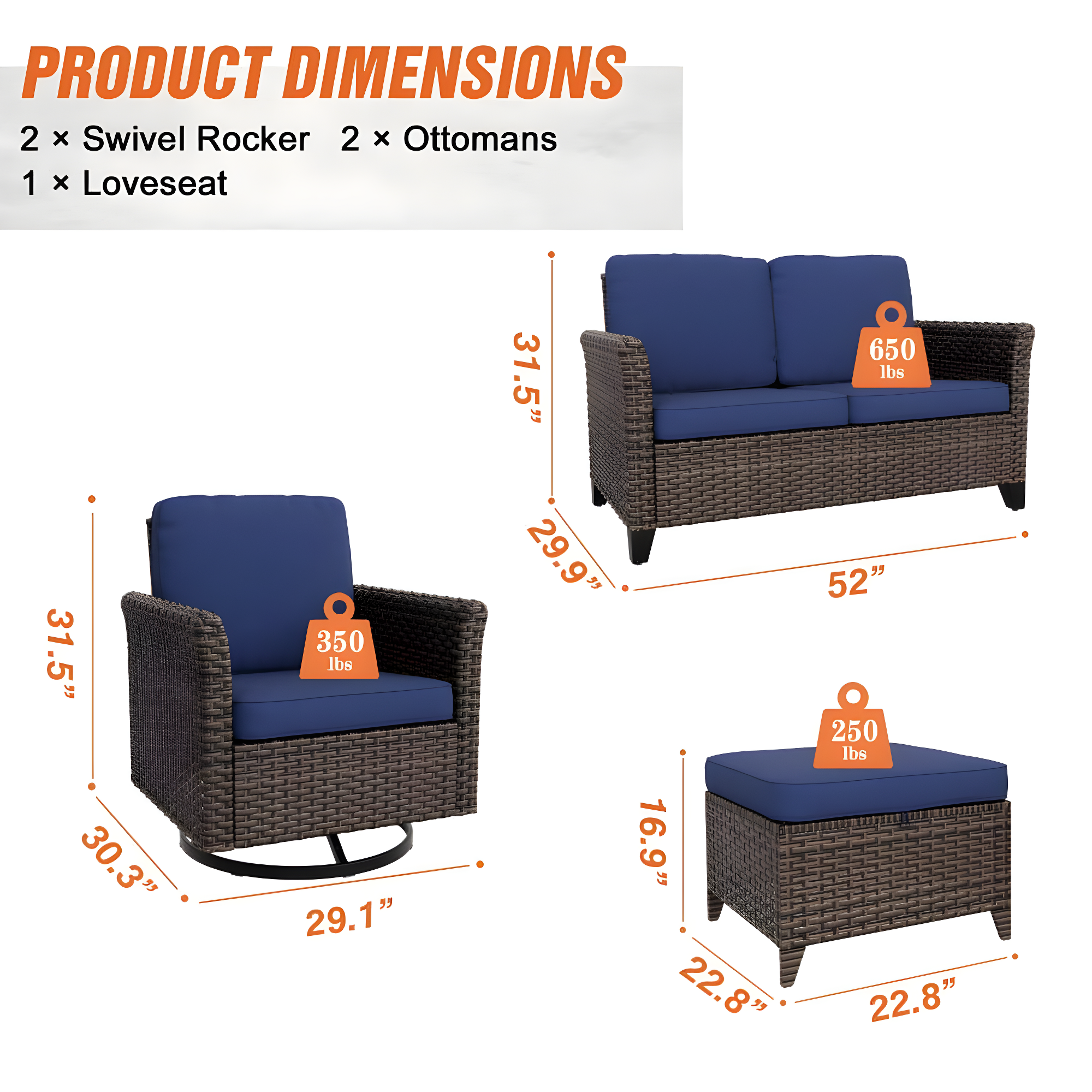 EAGLE PEAK 5 piece Patio Multi-brown Wicker Conversation Set Swivel Chairs, Loveseat, Blue Cushions