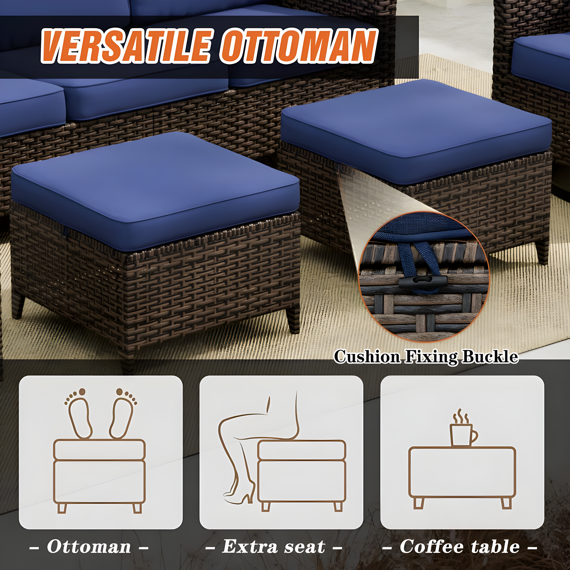 EAGLE PEAK 5 piece Patio Multi-brown Wicker Conversation Set Swivel Chairs, Loveseat, Blue Cushions