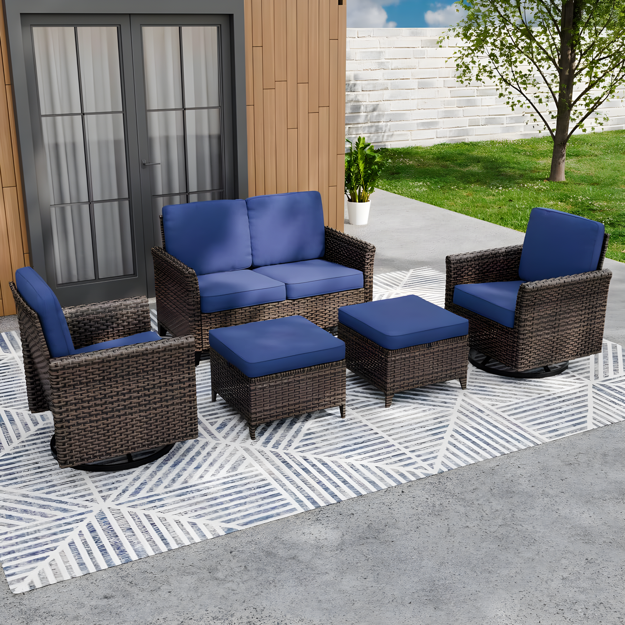 EAGLE PEAK 5 piece Patio Multi-brown Wicker Conversation Set Swivel Chairs, Loveseat, Blue Cushions