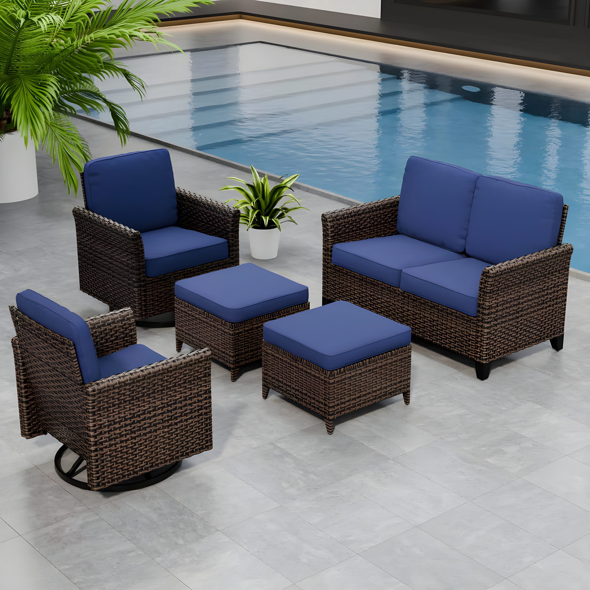EAGLE PEAK 5 piece Patio Multi-brown Wicker Conversation Set Swivel Chairs, Loveseat, Blue Cushions