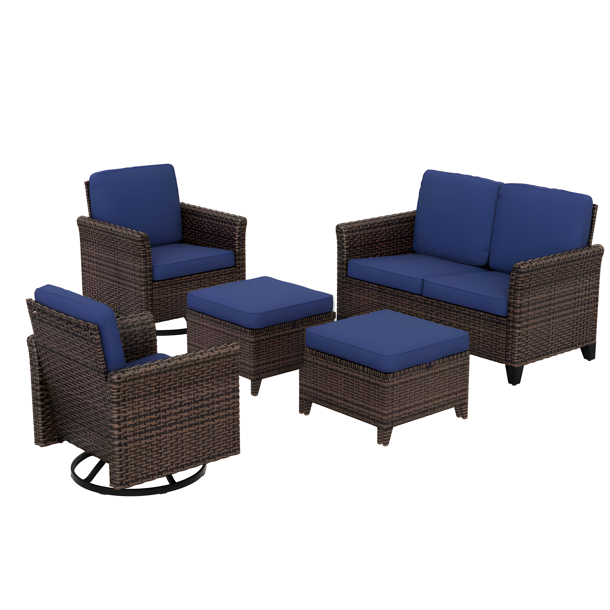 EAGLE PEAK 5 piece Patio Multi-brown Wicker Conversation Set Swivel Chairs, Loveseat, Blue Cushions