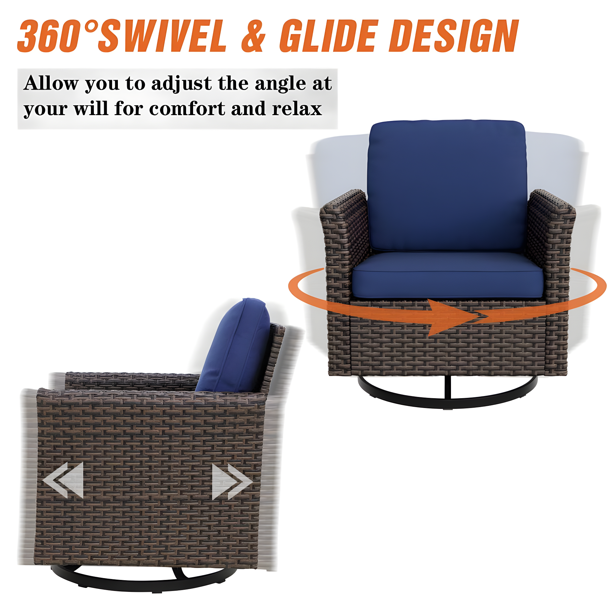 EAGLE PEAK 5 piece Patio Multi-brown Wicker Conversation Set Swivel Chairs, Loveseat, Blue Cushions