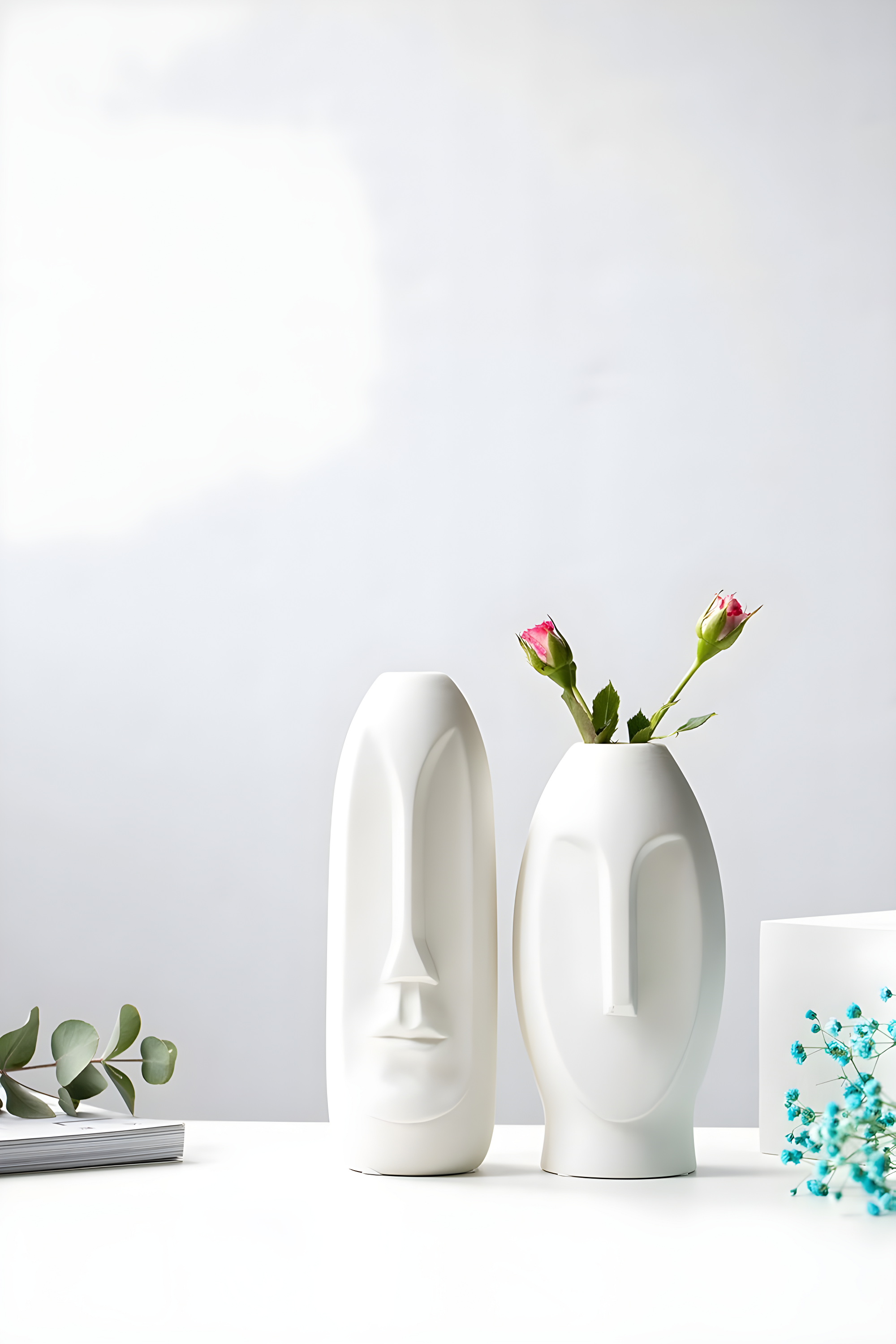 Face Vase Set of 2 - White Modern Vase. Ceramic Statue Human Face Vase Decor and Sculpture Decor