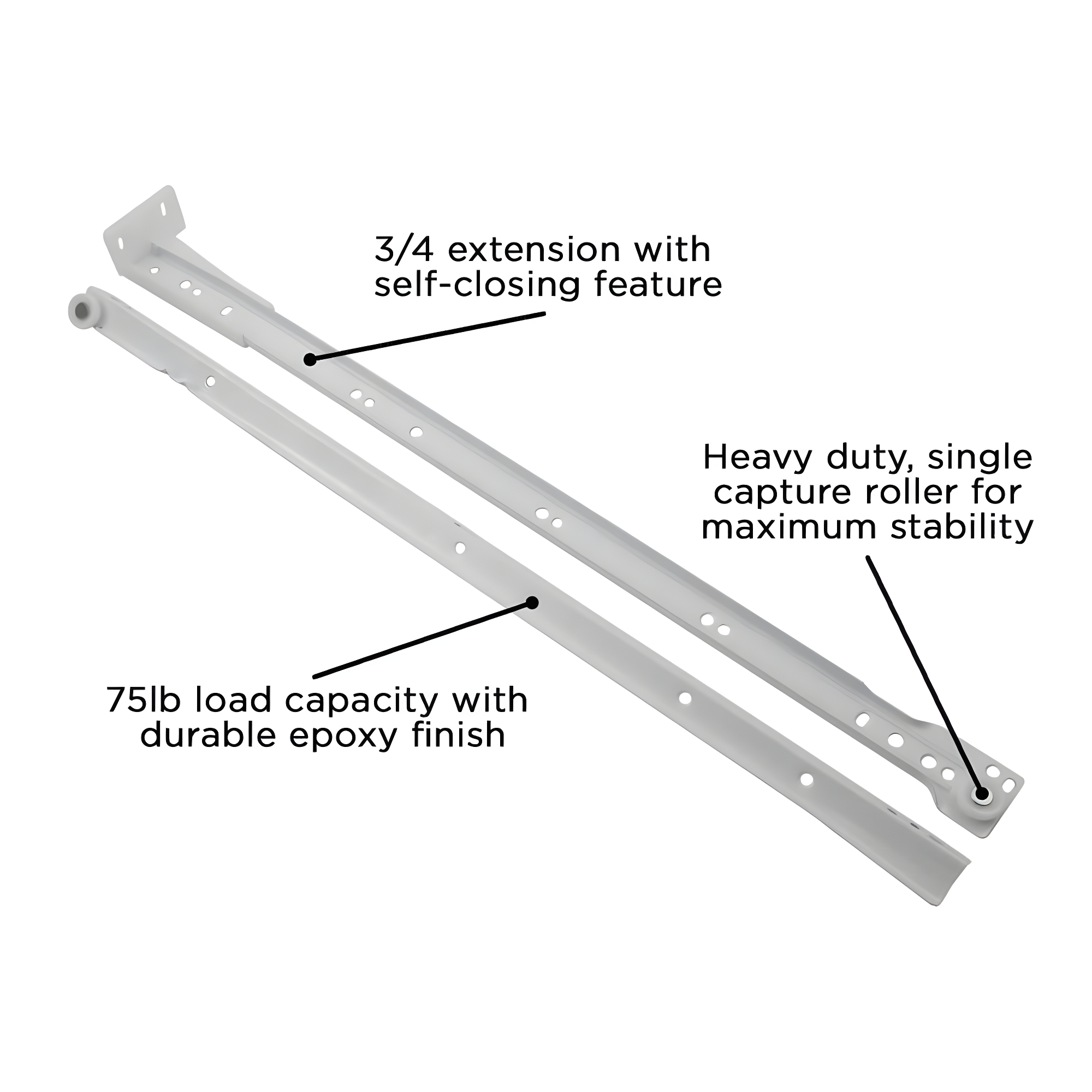 Drawer Slide Bottom Mount 3/4 Extension White Finish