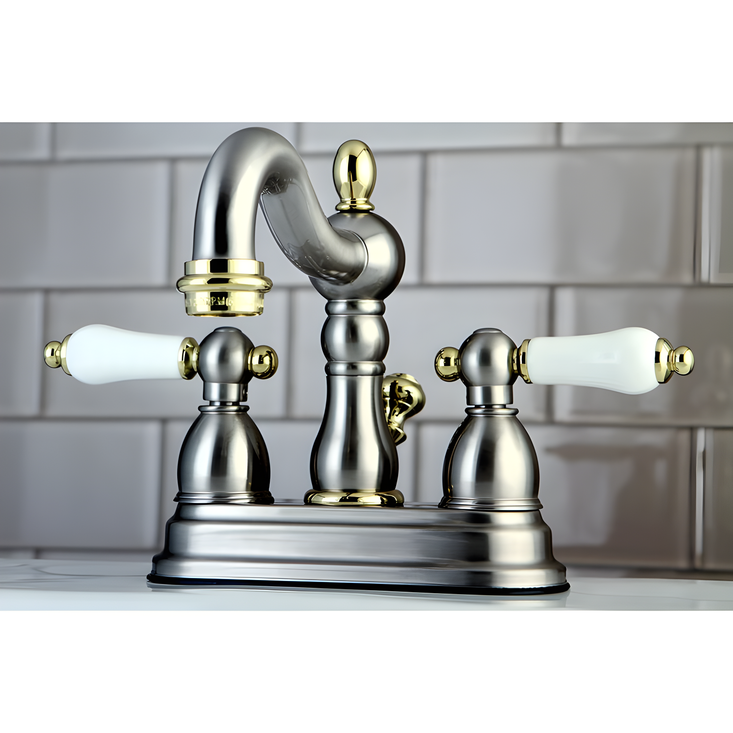 Kingston Brass Heritage Two-Handle 3-Hole Deck Mount 4" Centerset Bathroom Faucet with Plastic Pop-Up